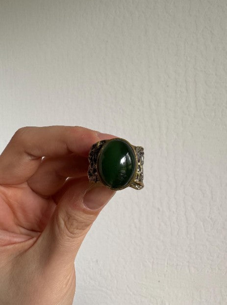 Sand-Cast Sterling Jade Ring, Black Rhodium & Gold Vermeil, Size 9 1/2 [CG]
