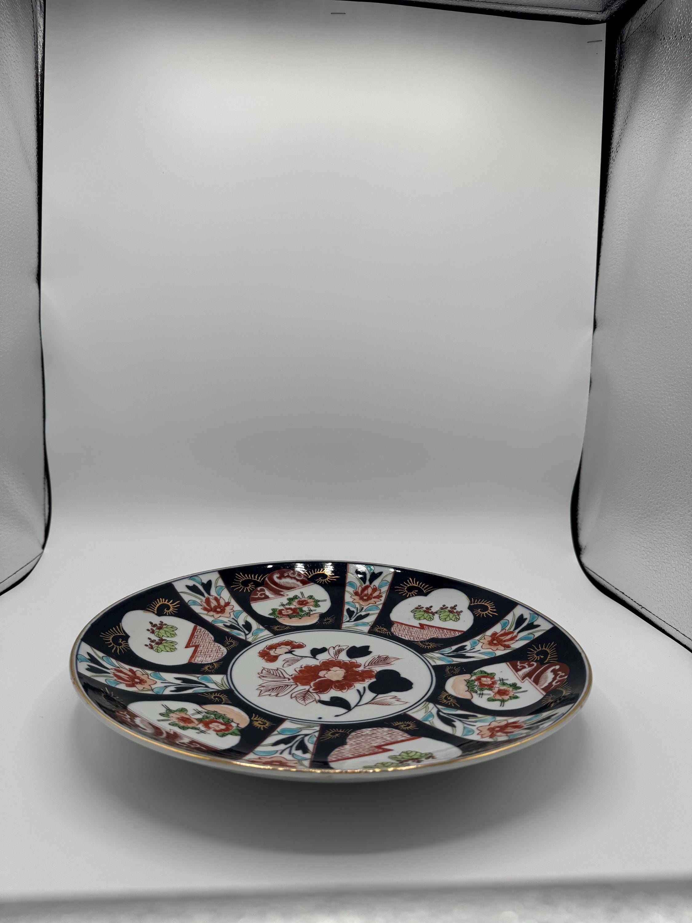 Antique Hand-Painted Imari Porcelain Charger – 11” Diameter – Rich Cobalt Blues, Deep Reds & Gilding