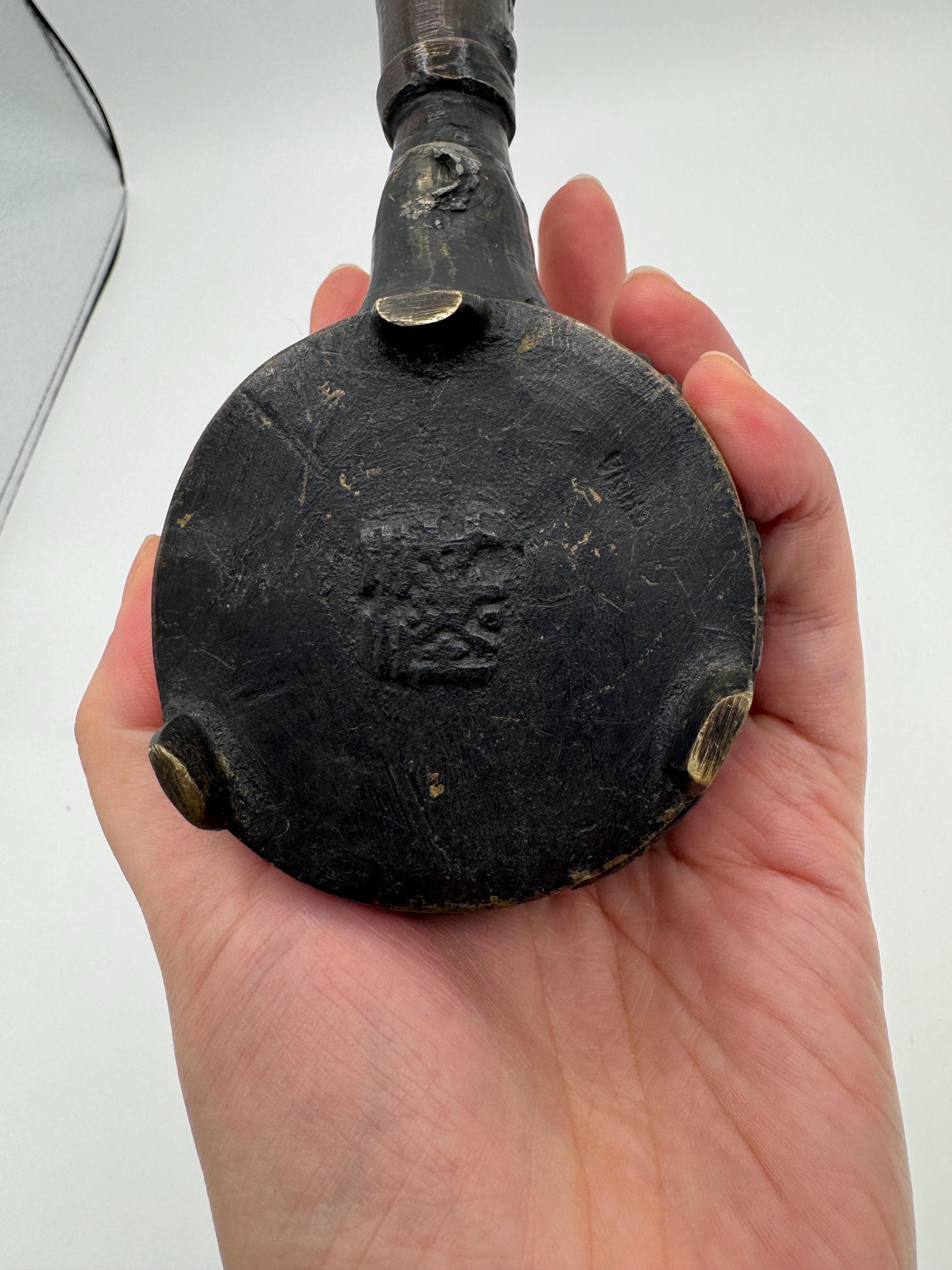 Antique Chinese Cast Iron Silk Iron – Hand-Carved with Calligraphy & Dragon Motifs [SS]