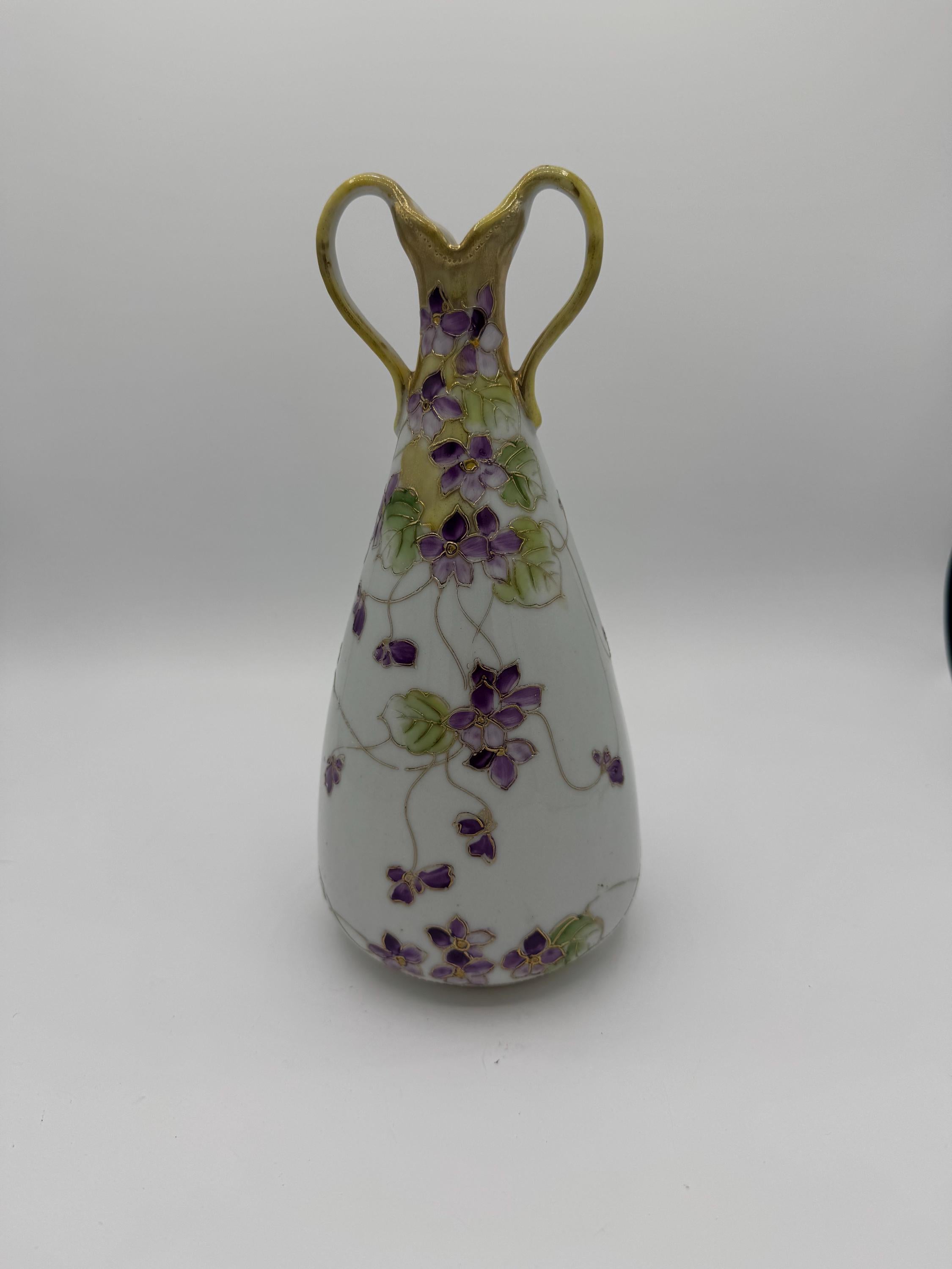 Antique Nagoya Nippon Porcelain Vase – Hand-Painted with Gilded Violets, 9.5” Tall