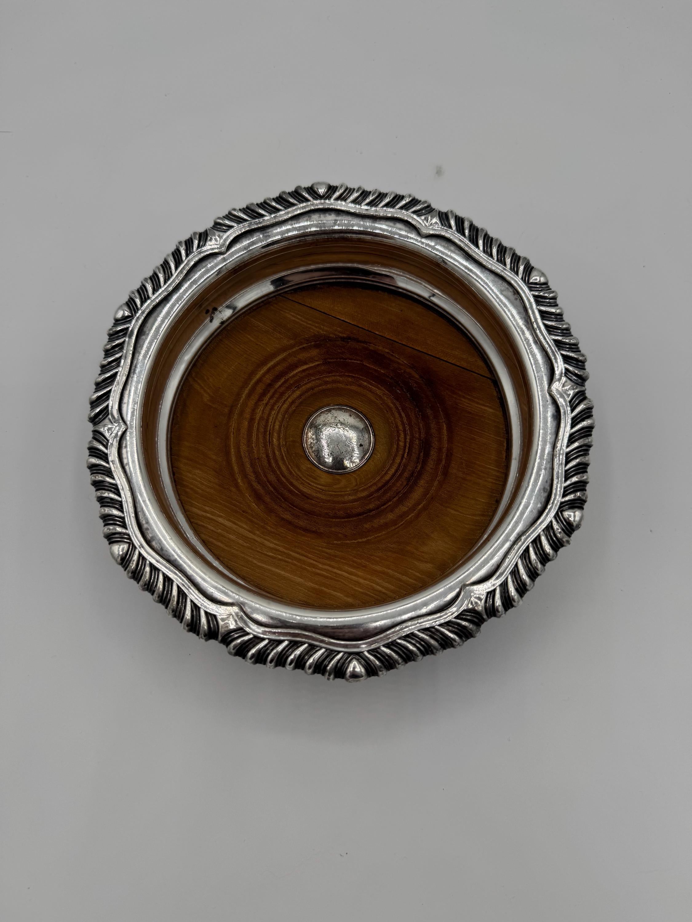 Antique Silverplate Wine Bottle Coaster – Wood Base, Ribbed Rim, English Style [SS]