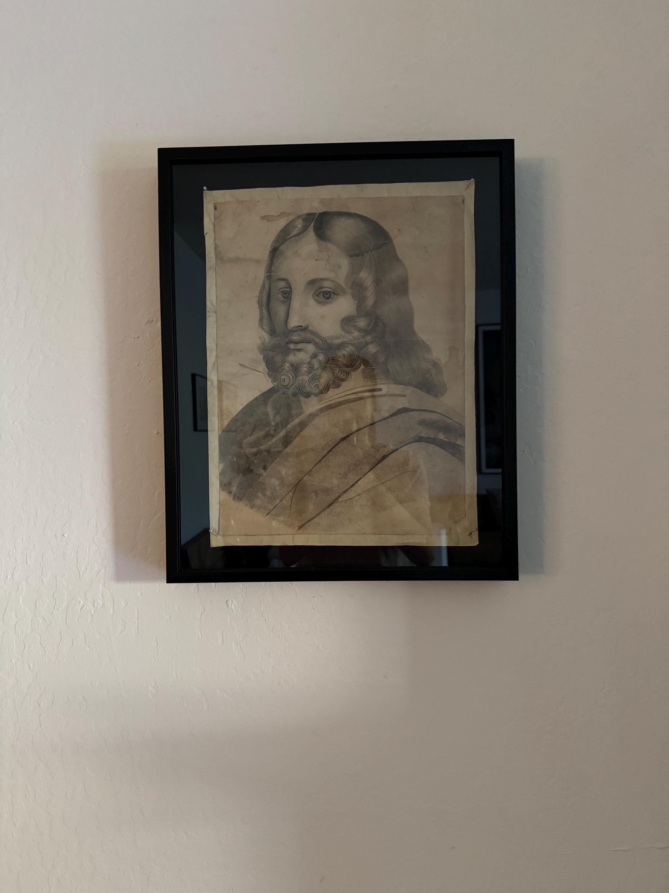 Antique Portrait of Christ – 1700s Ecclesiastical Drawing from Sainte Réparate Cathedral – Framed in 16x20 Shadowbox