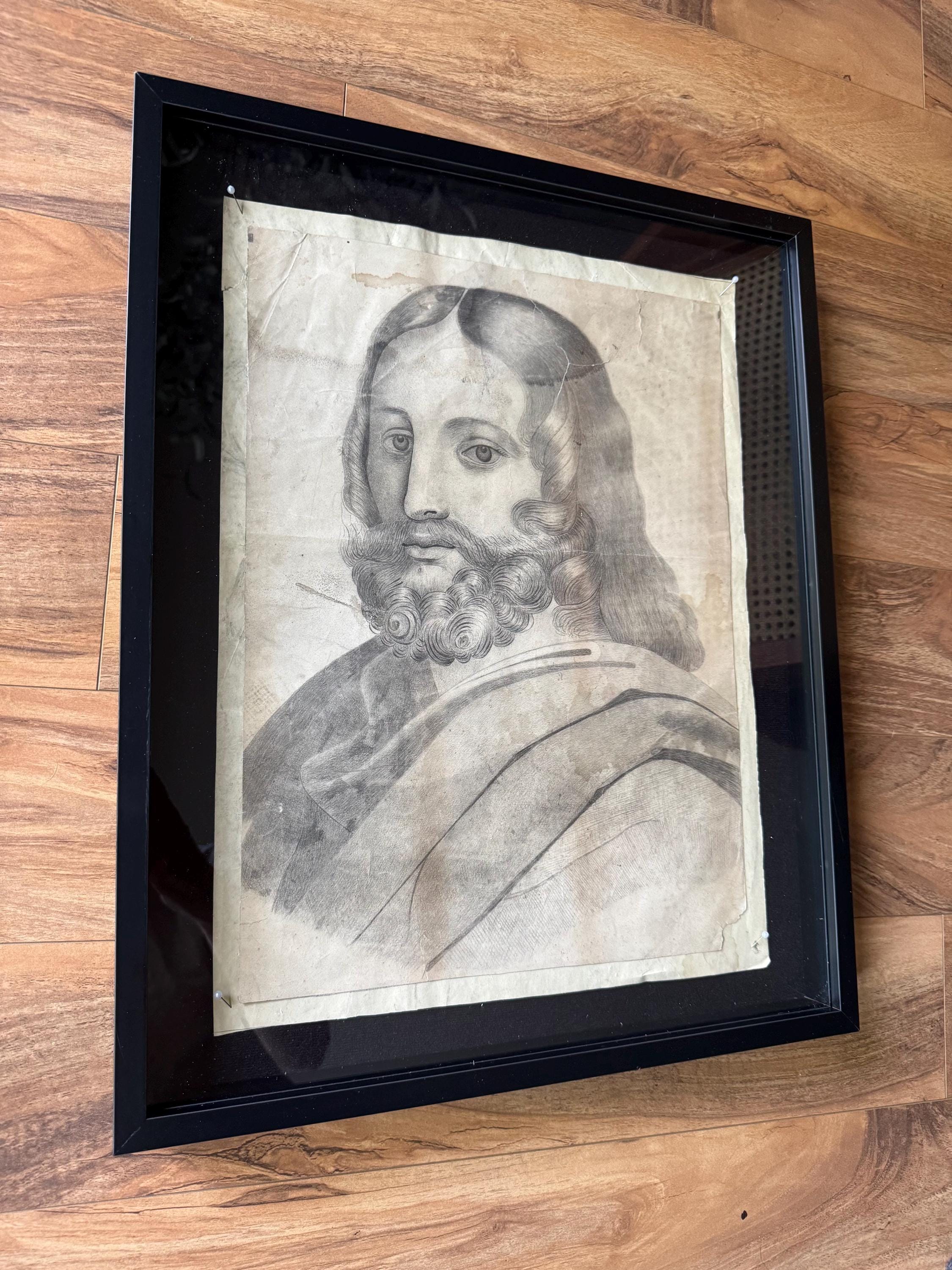 Antique Portrait of Christ – 1700s Ecclesiastical Drawing from Sainte Réparate Cathedral – Framed in 16x20 Shadowbox