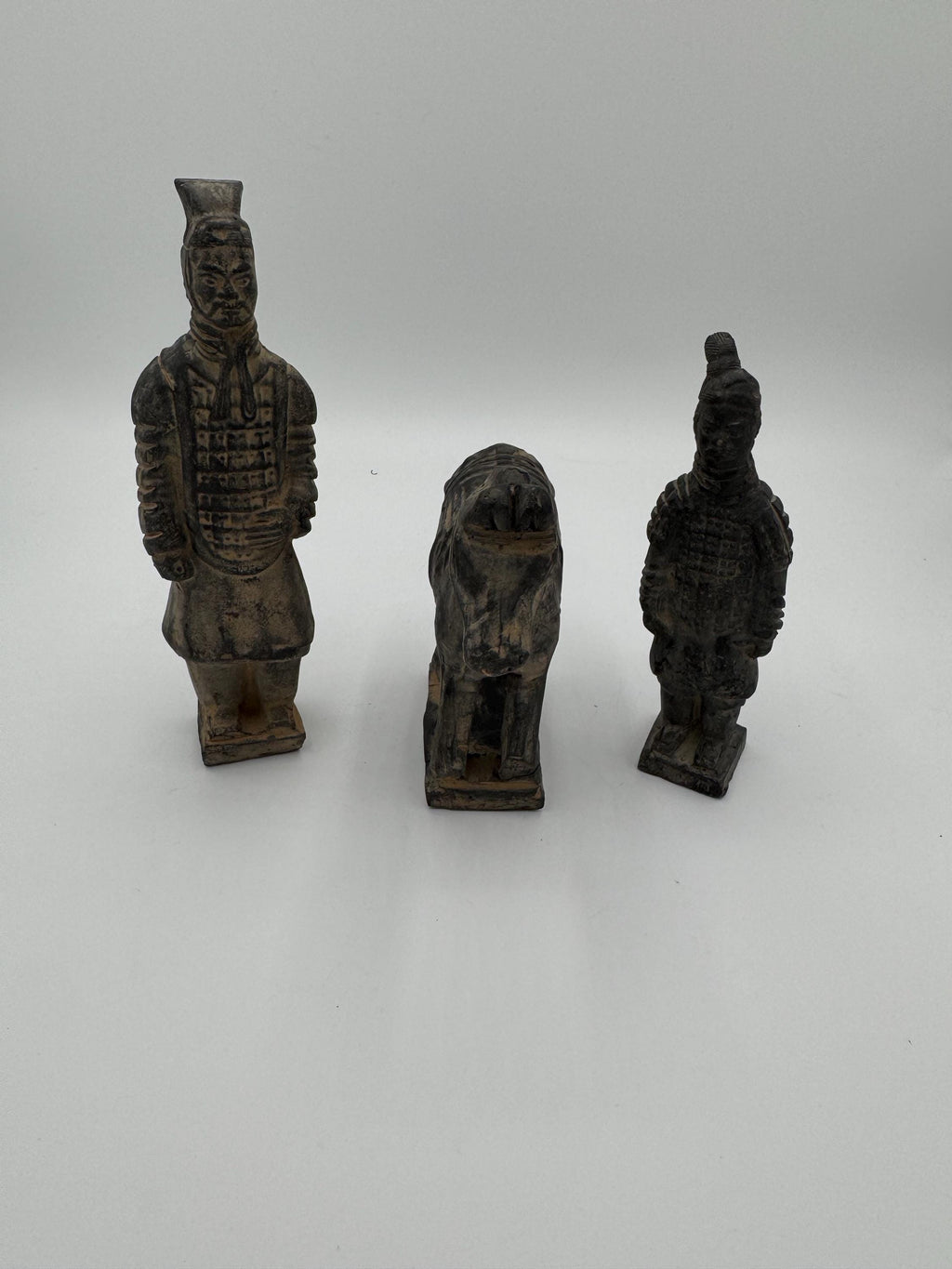 Vintage Terracotta Warrior Figurines – Set of 3 (2 Soldiers + 1 Horse) – Qin Dynasty Replicas