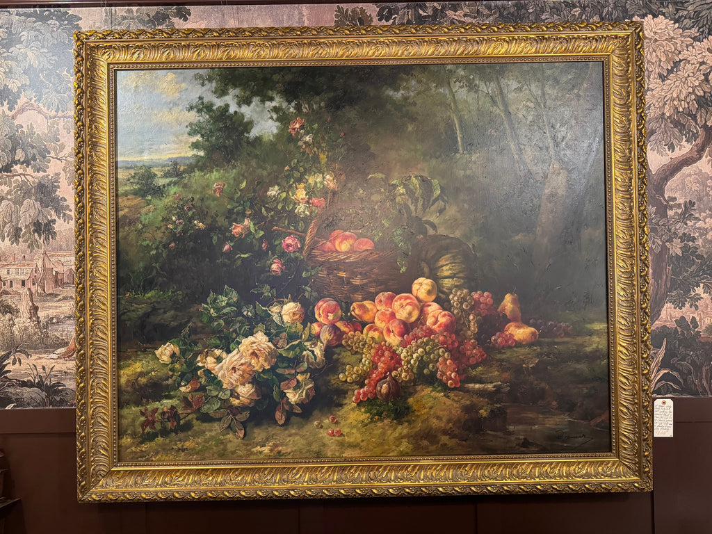 Monumental Dutch Still Life Oil Painting by W. Honner with Fruit & Roses in Gilt Frame
