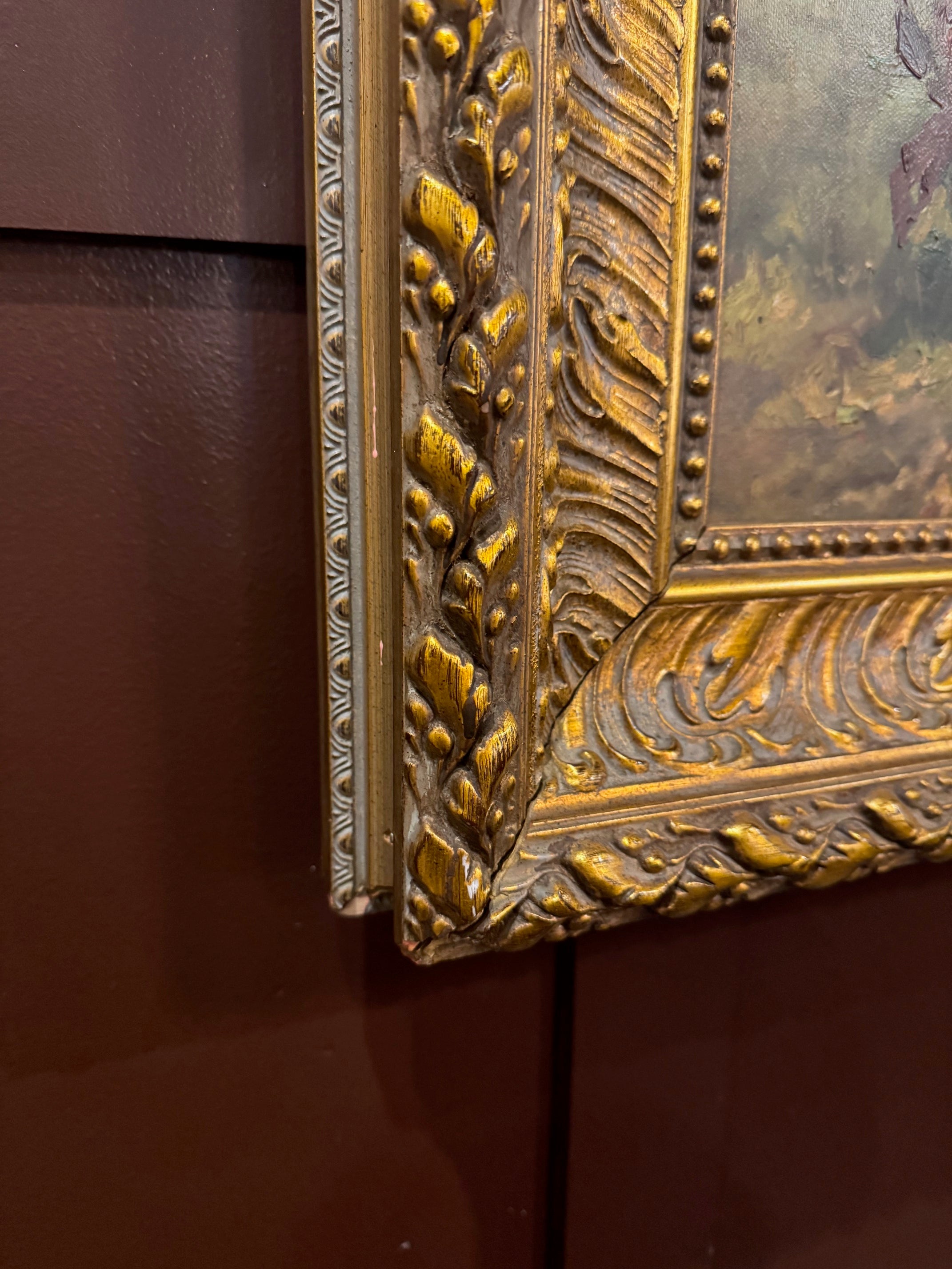 Monumental Dutch Still Life Oil Painting by W. Honner with Fruit & Roses in Gilt Frame