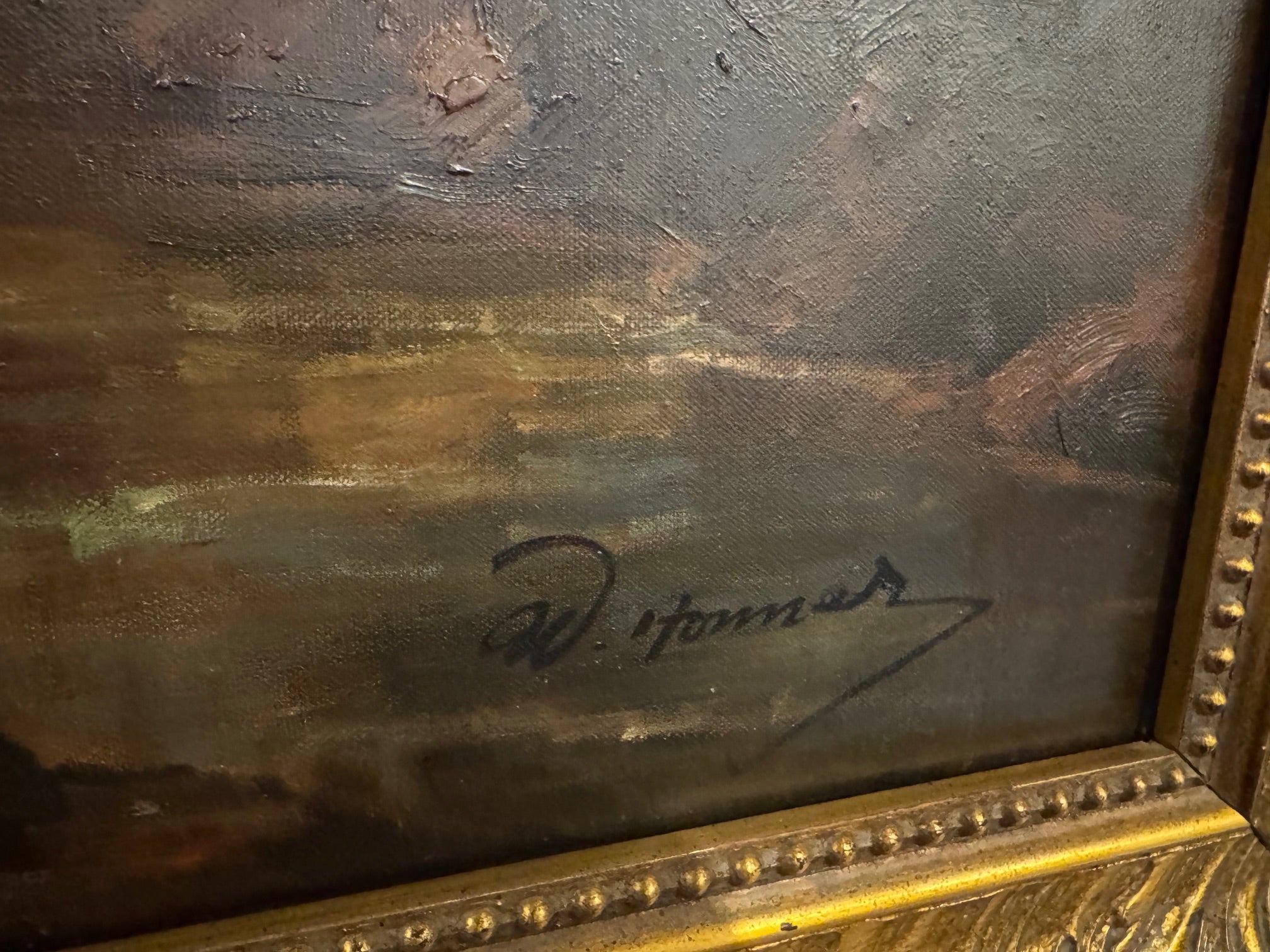 Monumental Dutch Still Life Oil Painting by W. Honner with Fruit & Roses in Gilt Frame