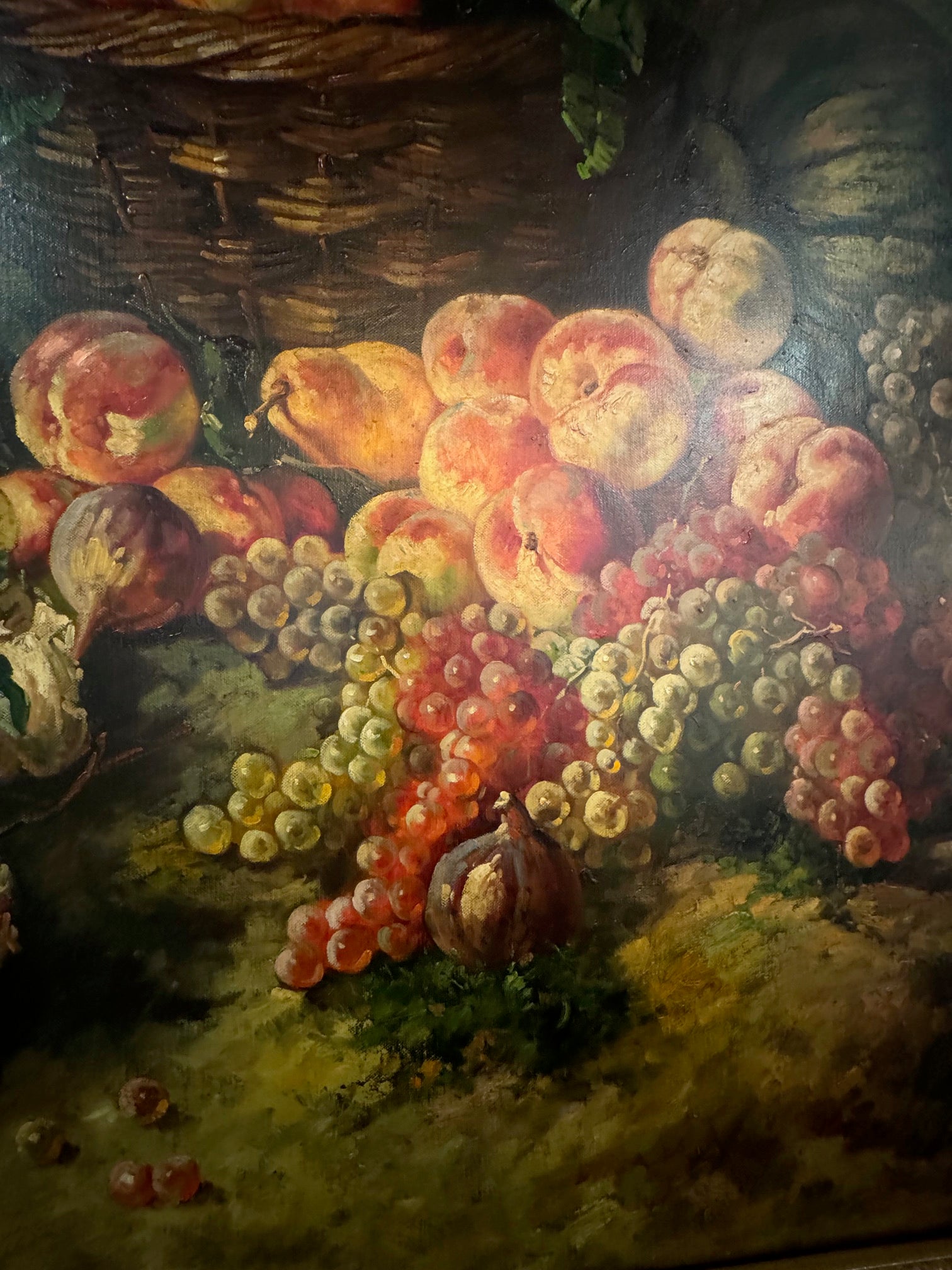 Monumental Dutch Still Life Oil Painting by W. Honner with Fruit & Roses in Gilt Frame