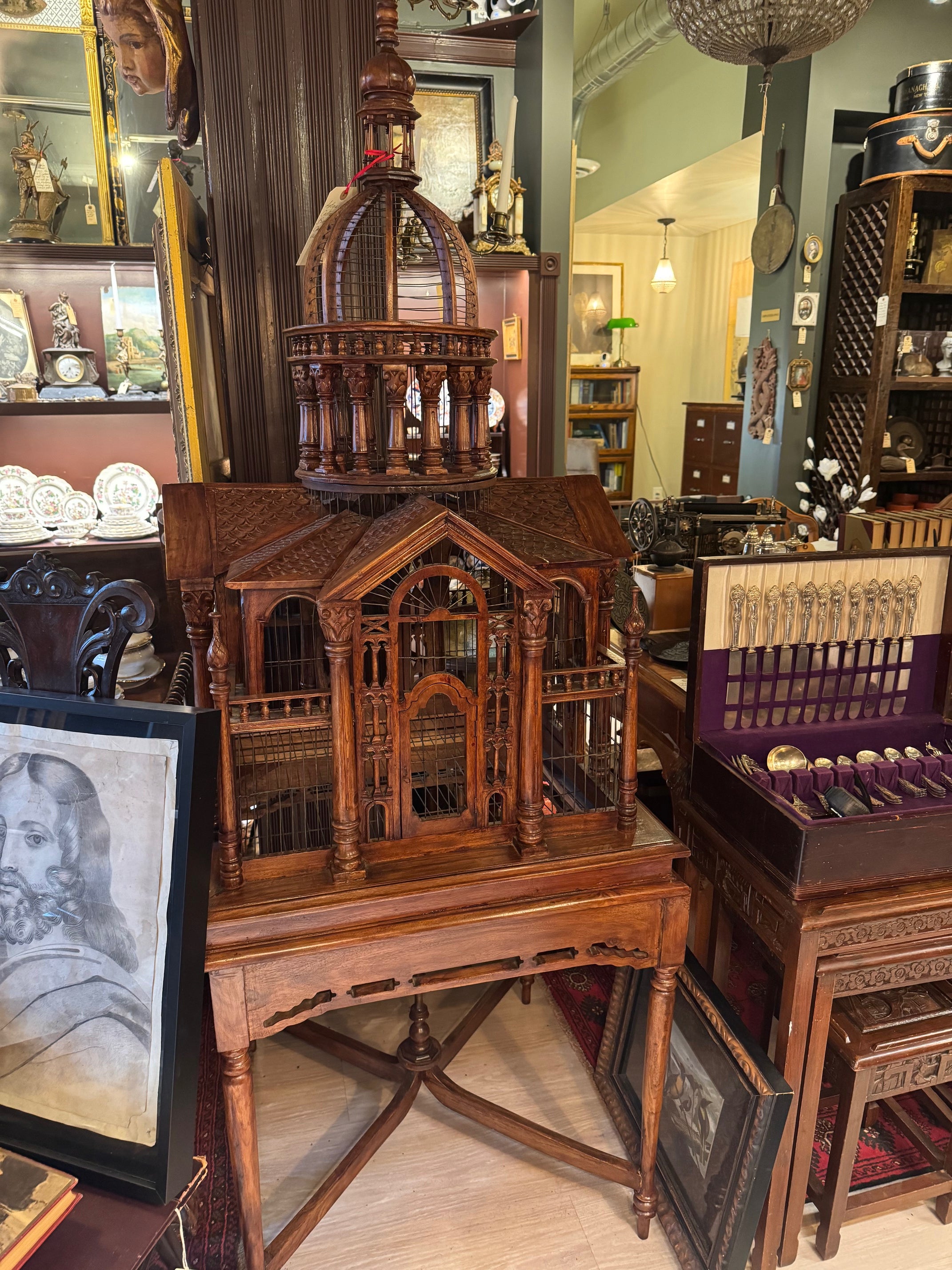 Monumental Antique Handcrafted Walnut Cathedral Bird Cage on Stand