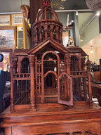 Monumental Antique Handcrafted Walnut Cathedral Bird Cage on Stand