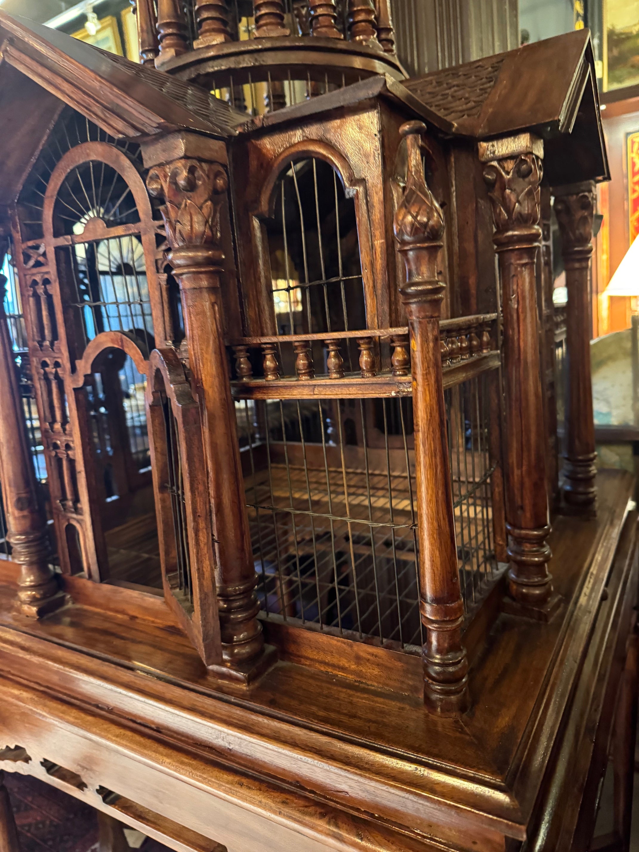 Monumental Antique Handcrafted Walnut Cathedral Bird Cage on Stand