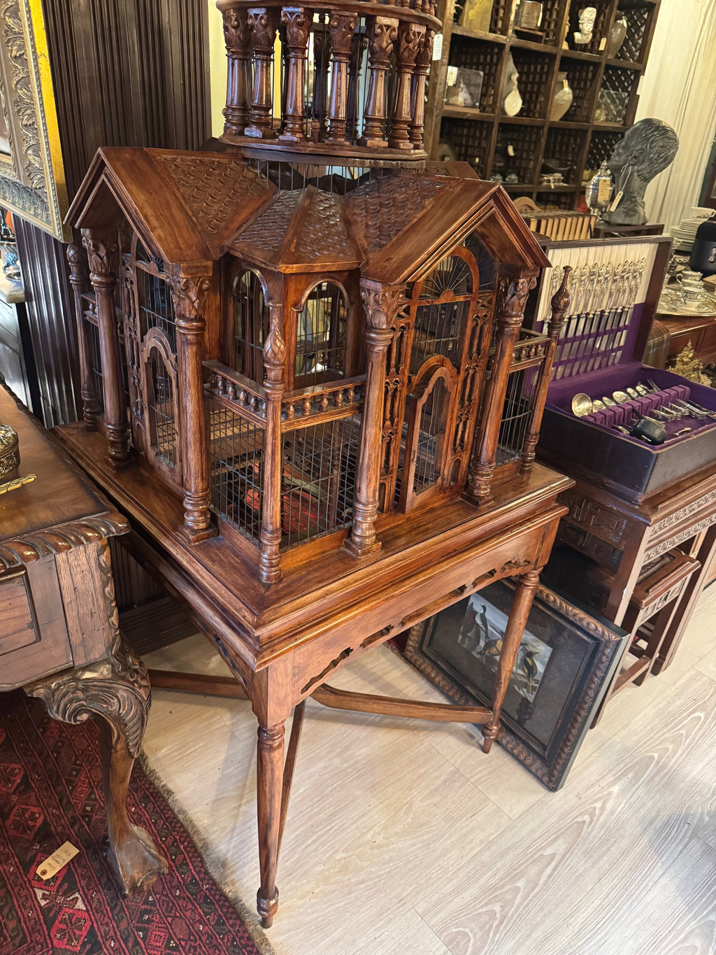 Monumental Antique Handcrafted Walnut Cathedral Bird Cage on Stand