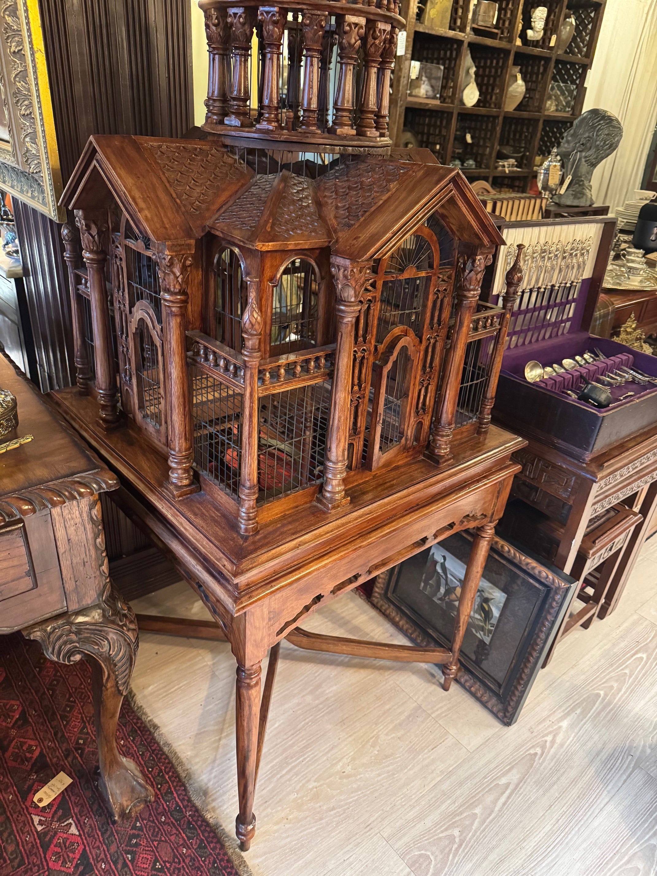 Monumental Antique Handcrafted Walnut Cathedral Bird Cage on Stand