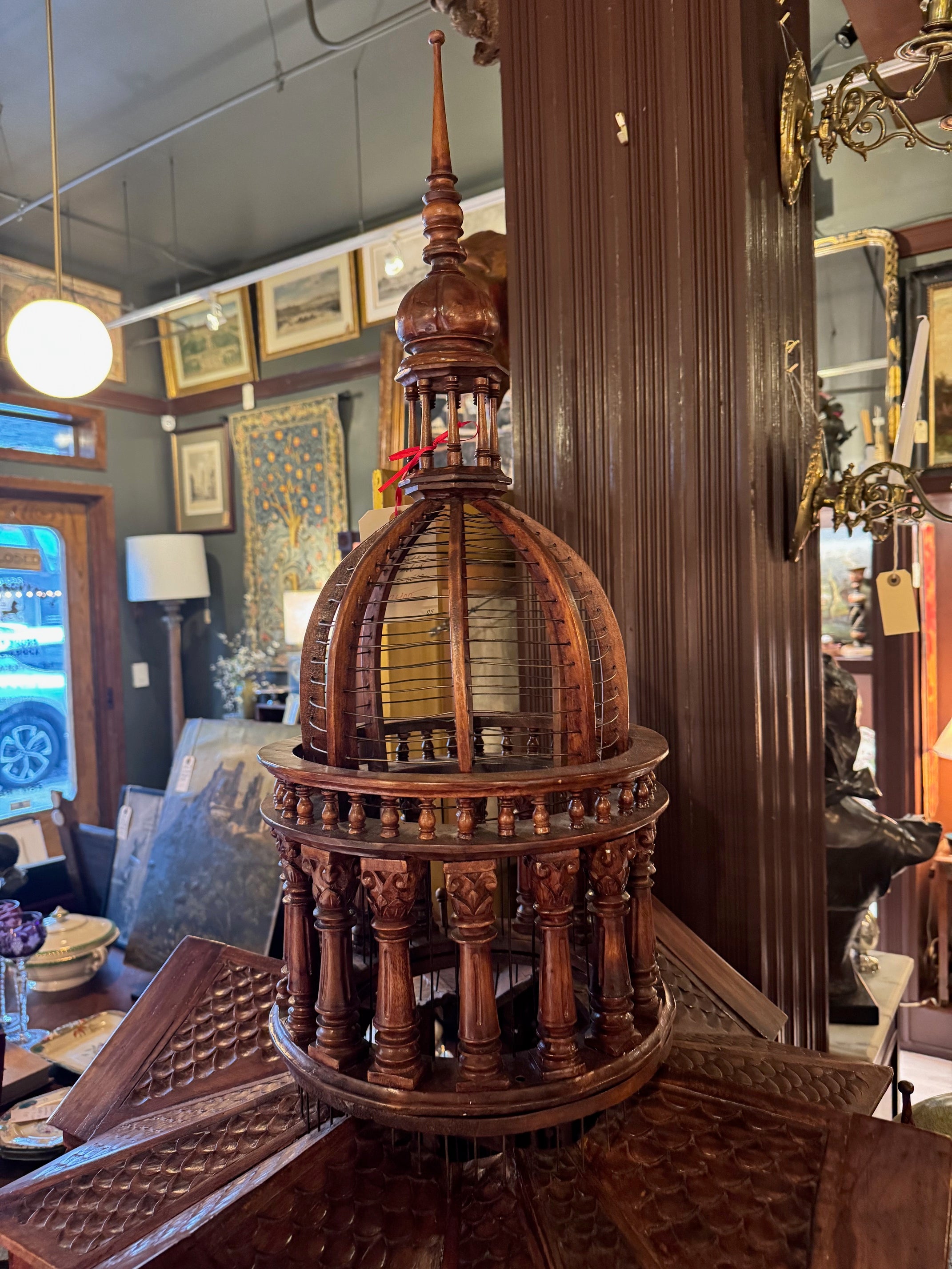 Monumental Antique Handcrafted Walnut Cathedral Bird Cage on Stand