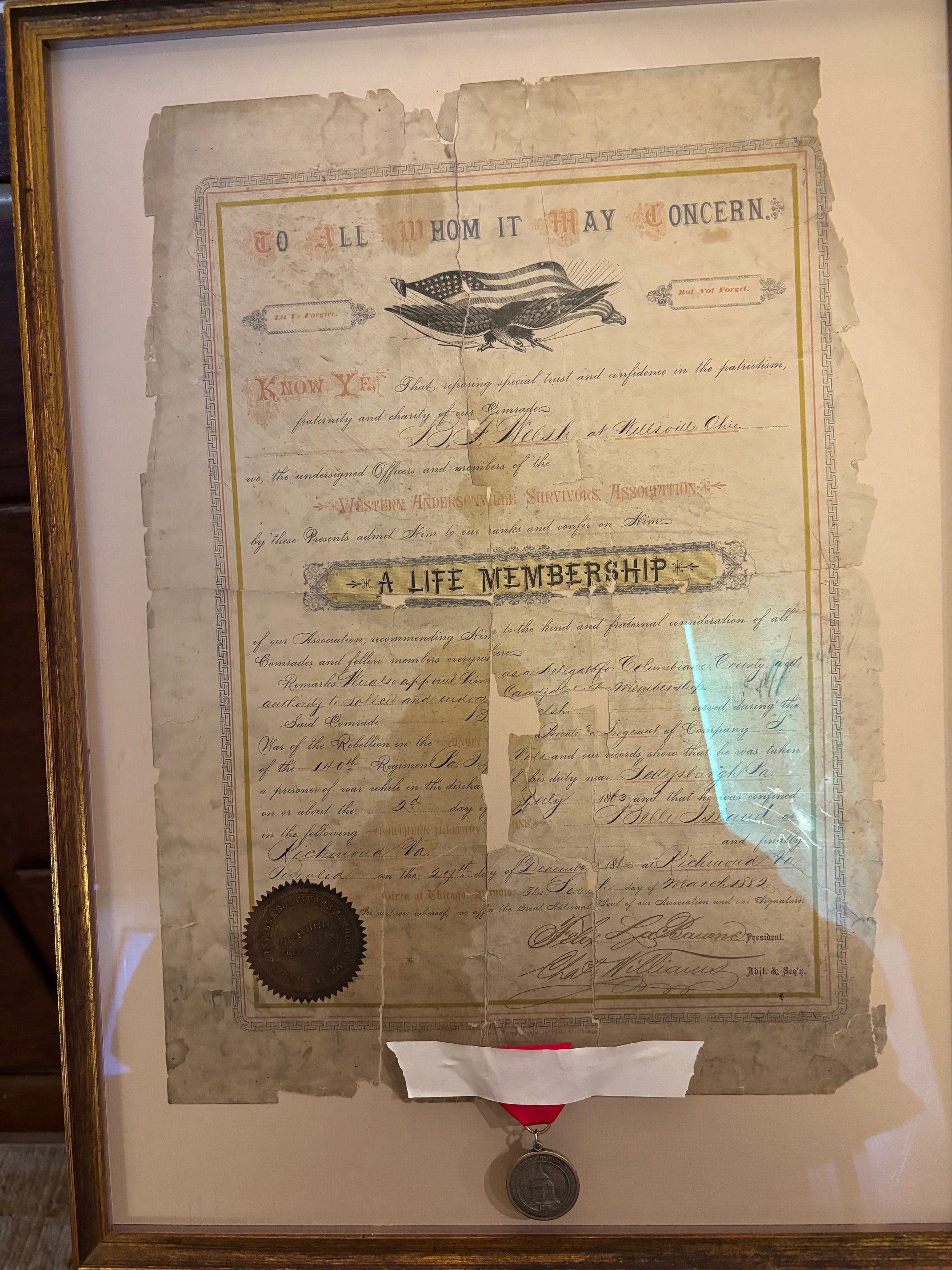 Benjamin F. Welsh, Gettysburg Prisoner of War Certificate & Medal (1882)