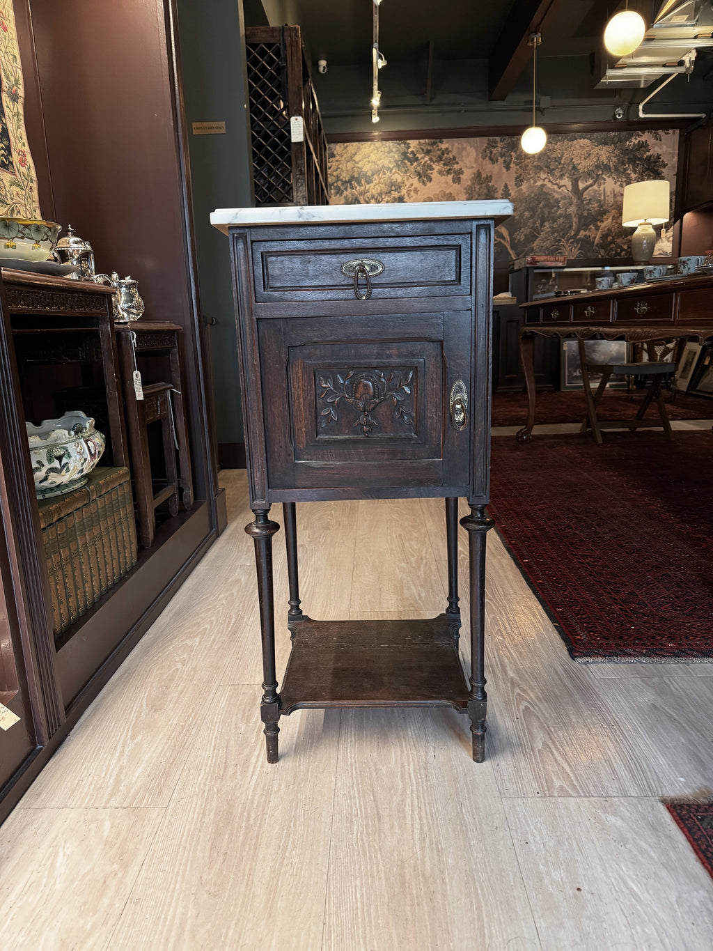 19th Century French Louis XVI Walnut Side Table with Marble Top & Porcelain-Lined Cabinet [RC]