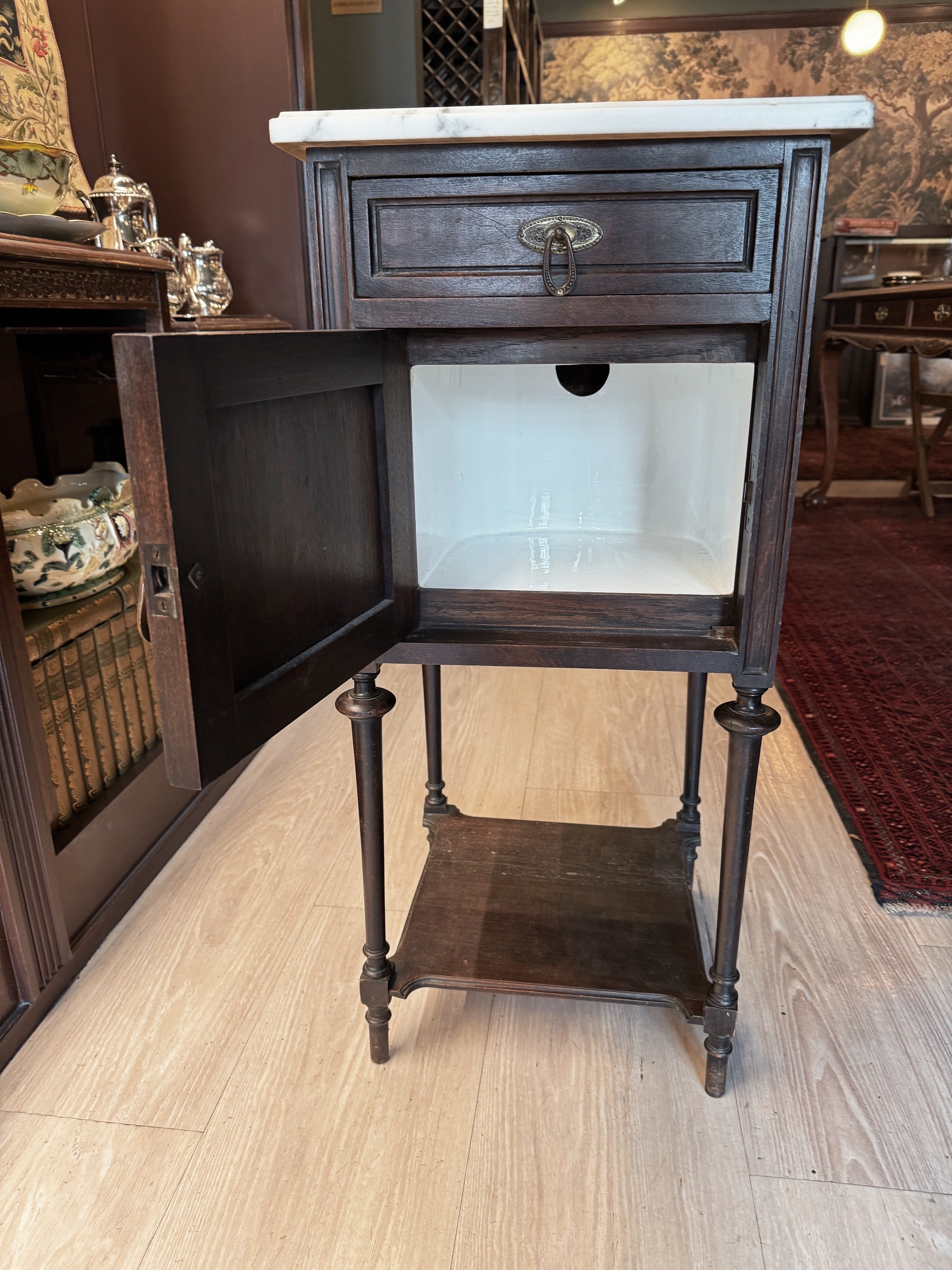 19th Century French Louis XVI Walnut Side Table with Marble Top & Porcelain-Lined Cabinet [RC]