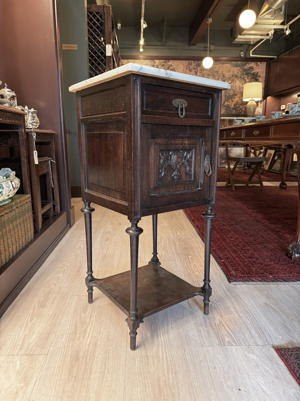 19th Century French Louis XVI Walnut Side Table with Marble Top & Porcelain-Lined Cabinet [RC]