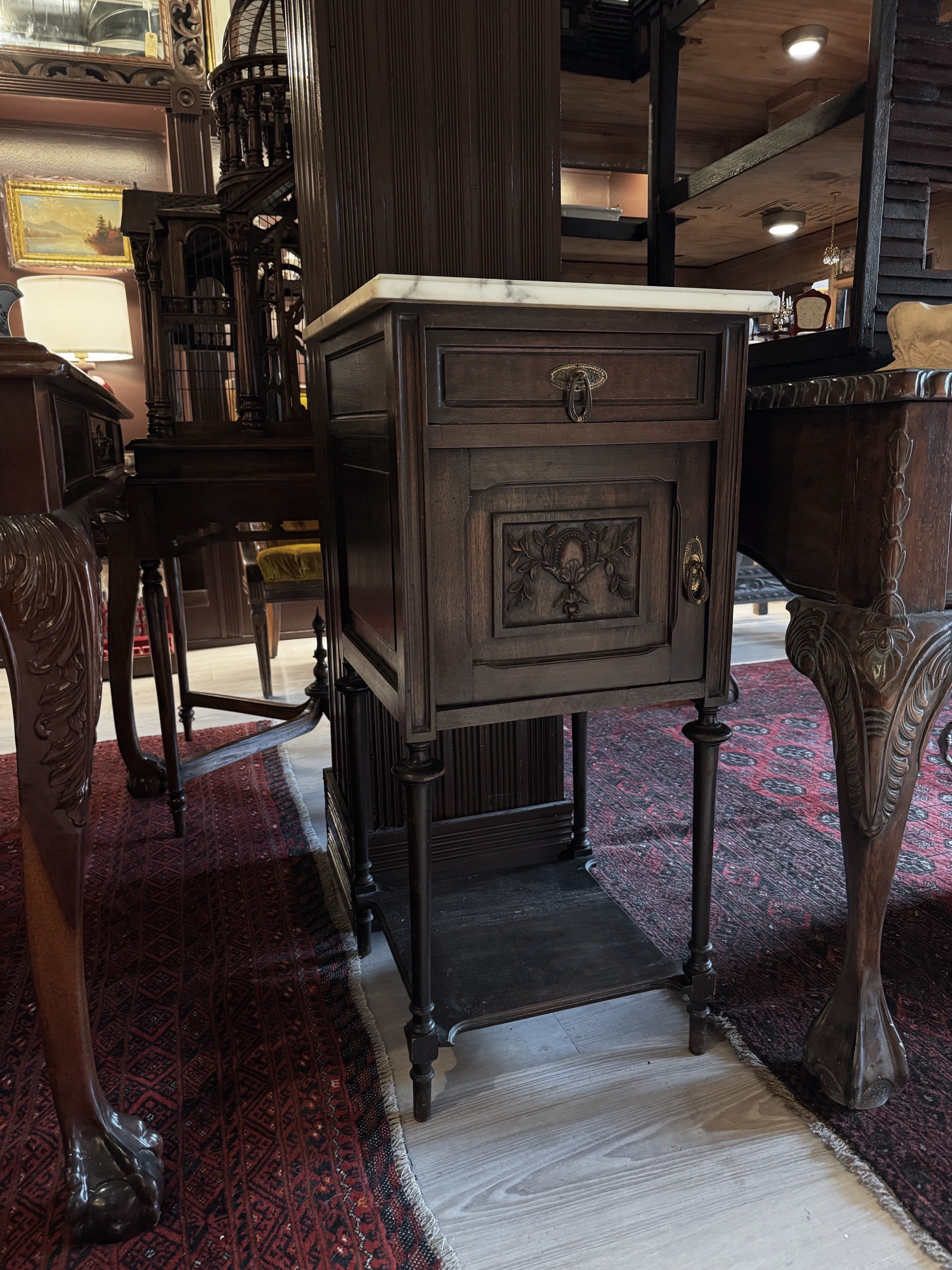 19th Century French Louis XVI Walnut Side Table with Marble Top & Porcelain-Lined Cabinet [RC]