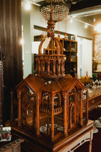 Monumental Antique Handcrafted Walnut Cathedral Bird Cage on Stand