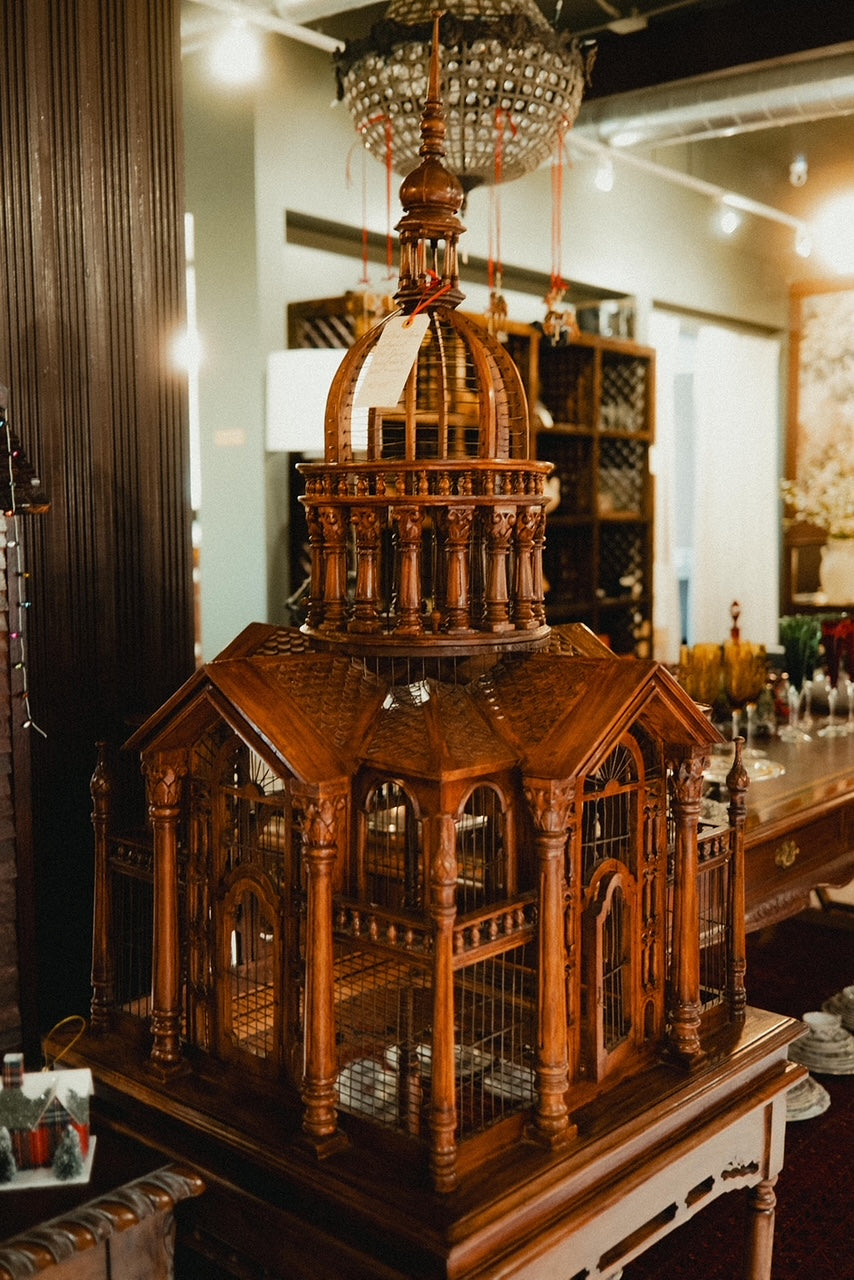 Monumental Antique Handcrafted Walnut Cathedral Bird Cage on Stand