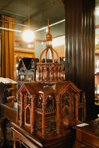 Monumental Antique Handcrafted Walnut Cathedral Bird Cage on Stand