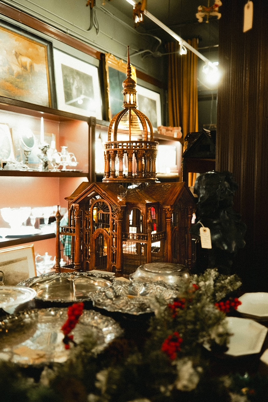 Monumental Antique Handcrafted Walnut Cathedral Bird Cage on Stand