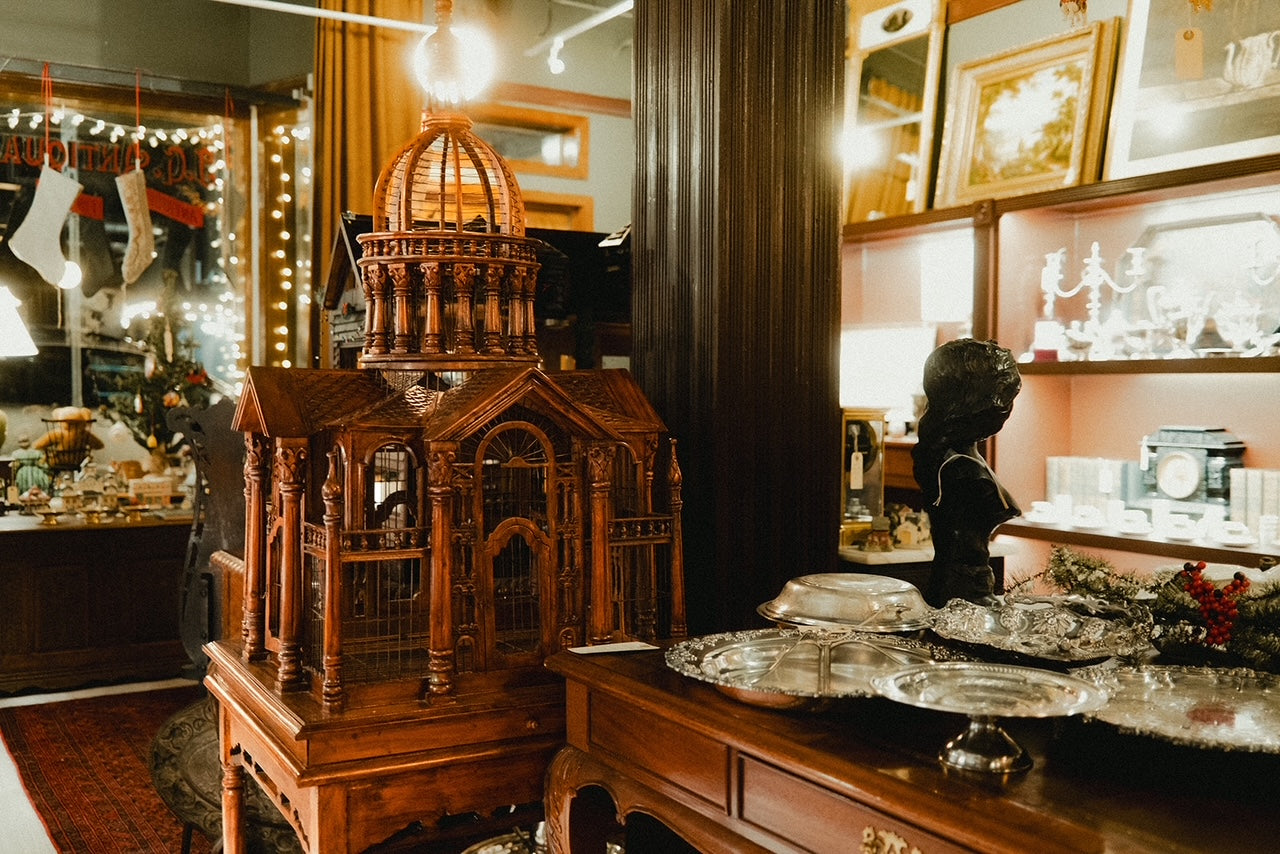 Monumental Antique Handcrafted Walnut Cathedral Bird Cage on Stand