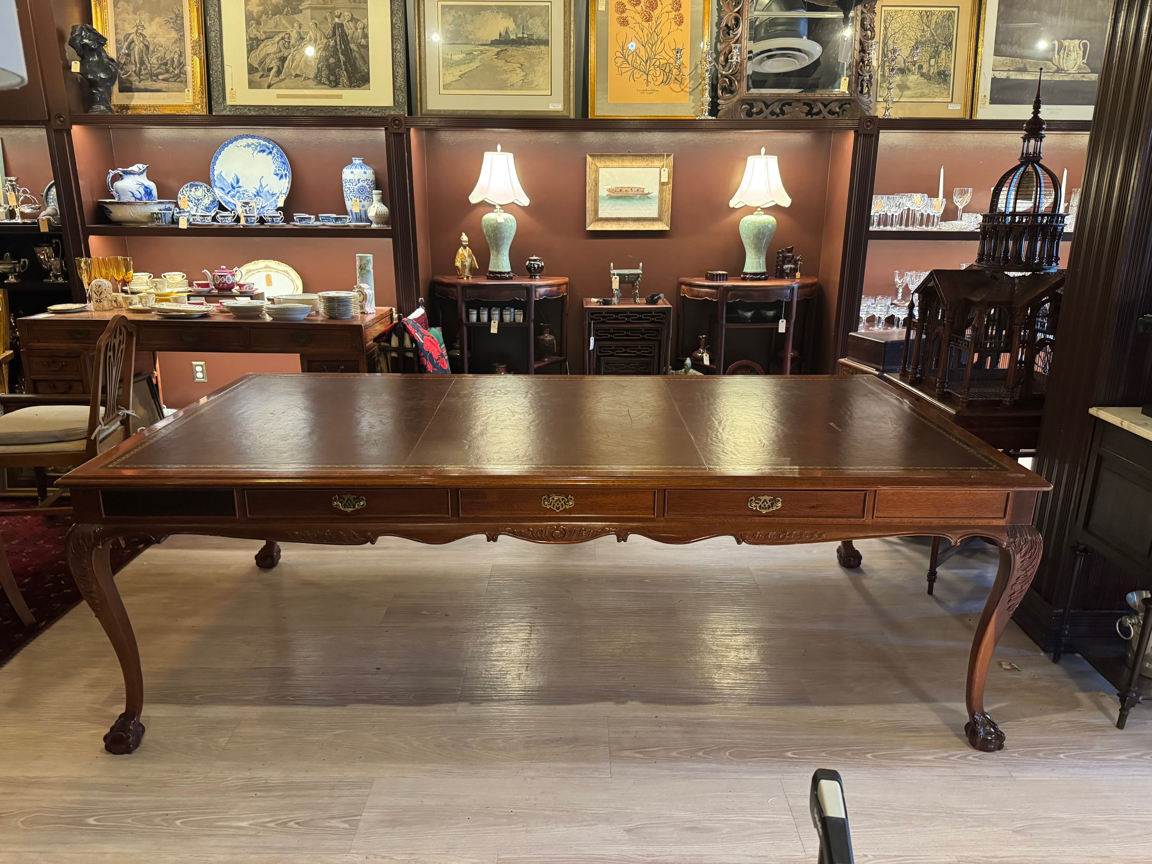 Vintage Chippendale Mahogany Conference Table, Leather Top
