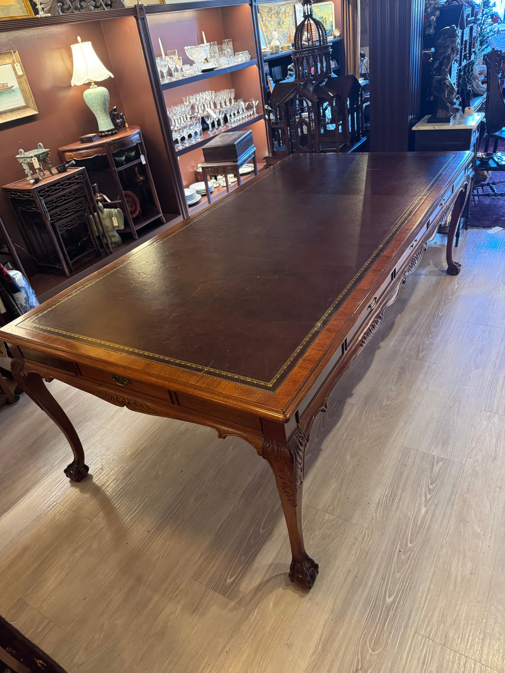 Vintage Chippendale Mahogany Conference Table, Leather Top