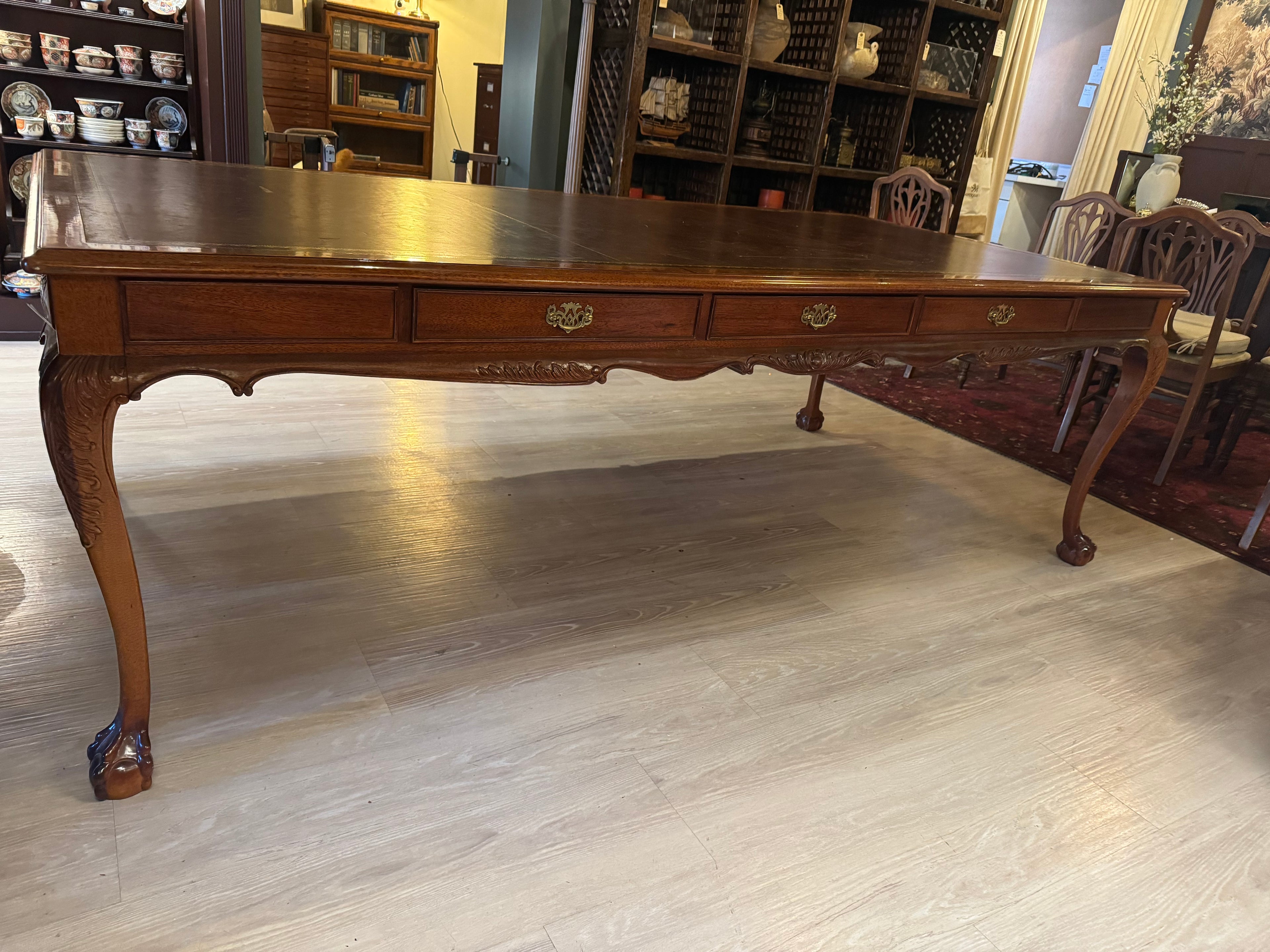 Vintage Chippendale Mahogany Conference Table, Leather Top