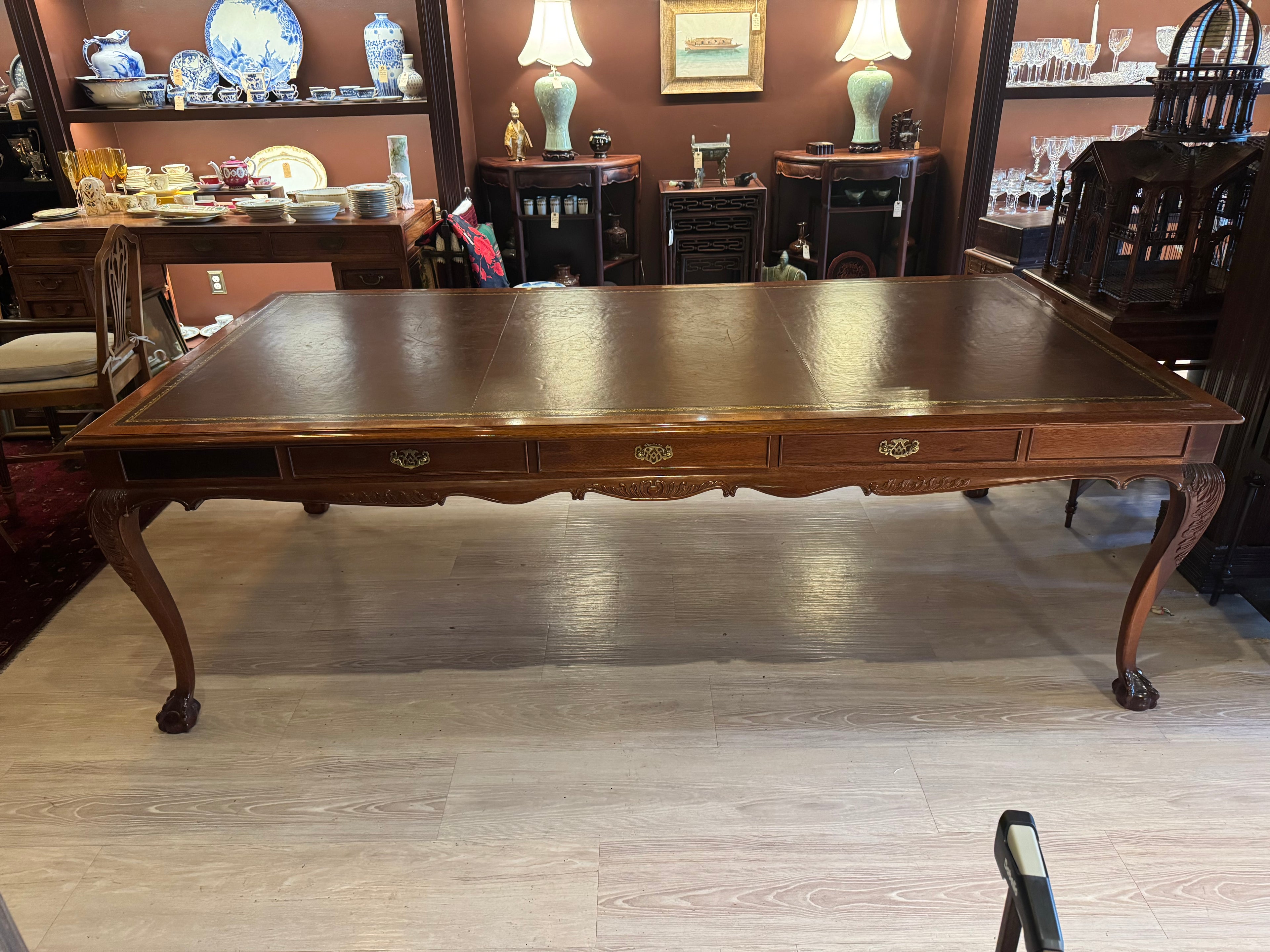 Vintage Chippendale Mahogany Conference Table, Leather Top