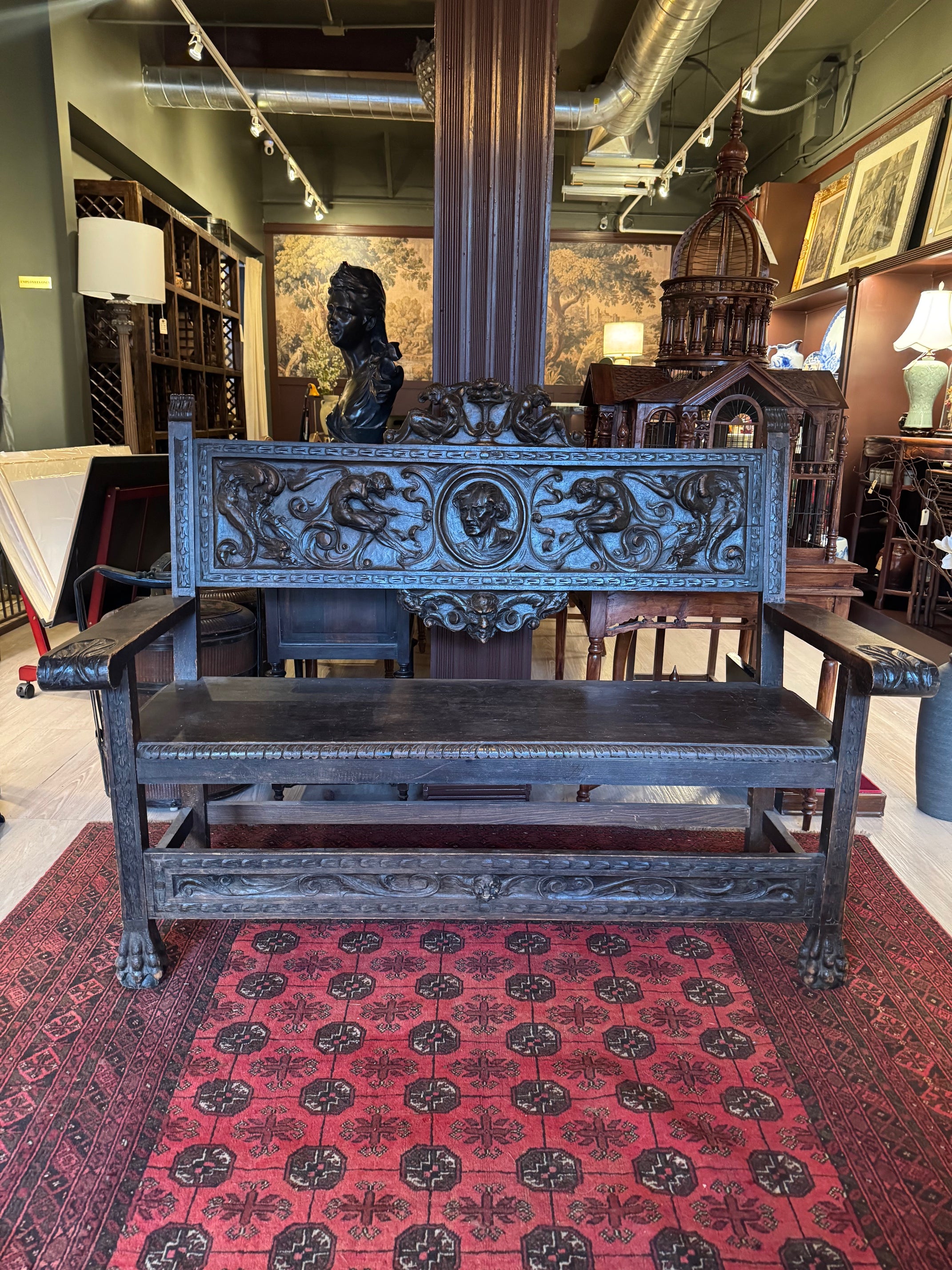 Antique Italian Renaissance Revival Carved Wood Bench with Figural Motifs & Paw Feet