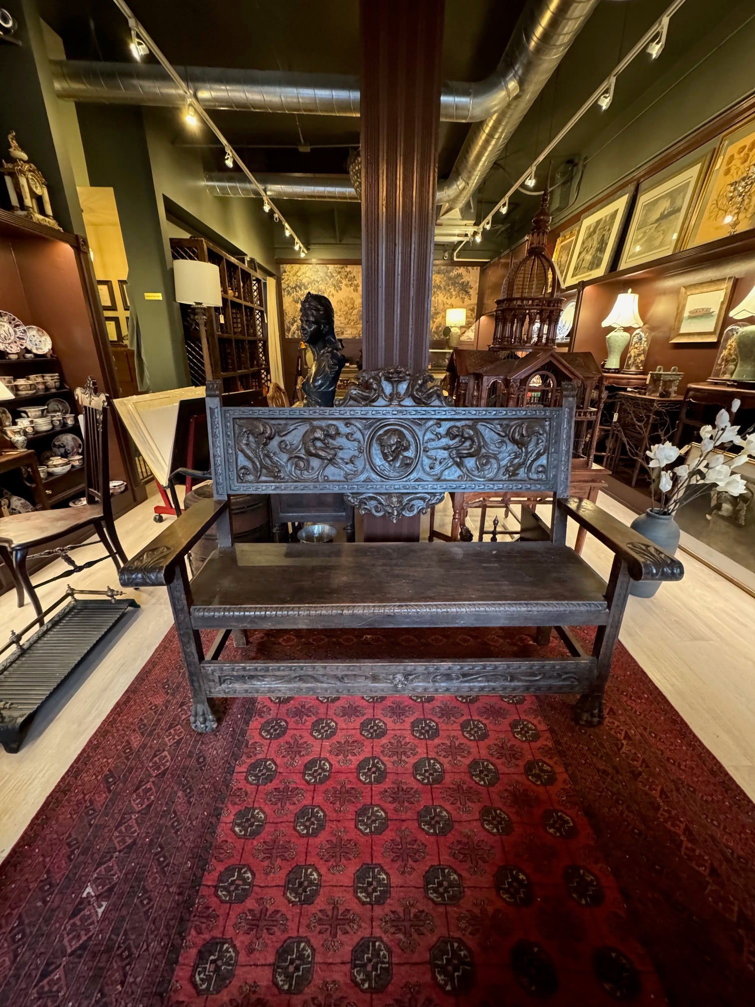 Antique Italian Renaissance Revival Carved Wood Bench with Figural Motifs & Paw Feet