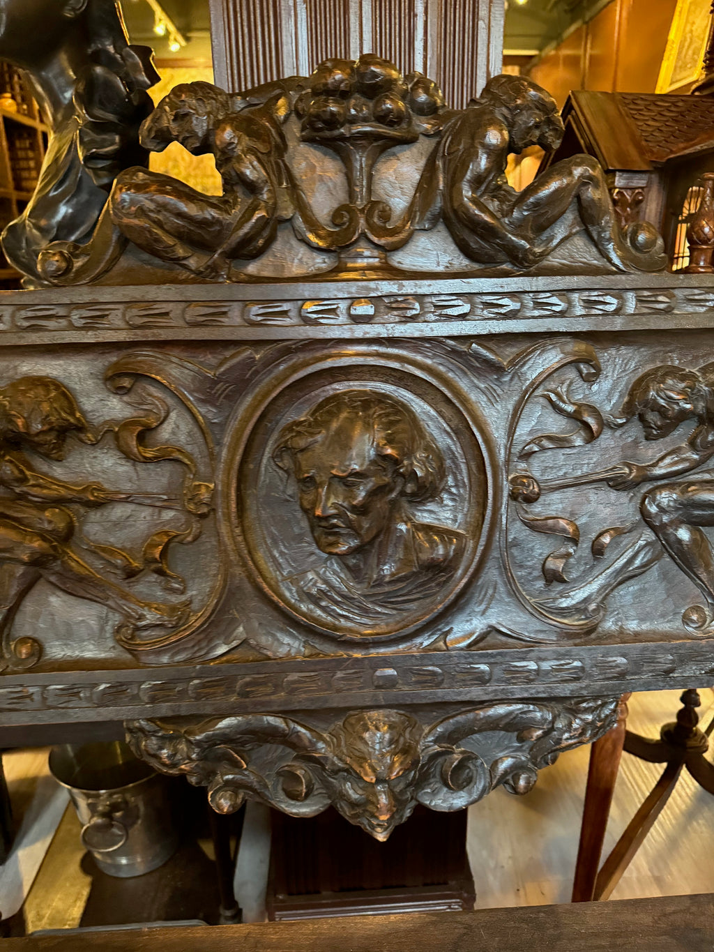 Antique Italian Renaissance Revival Carved Wood Bench with Figural Motifs & Paw Feet