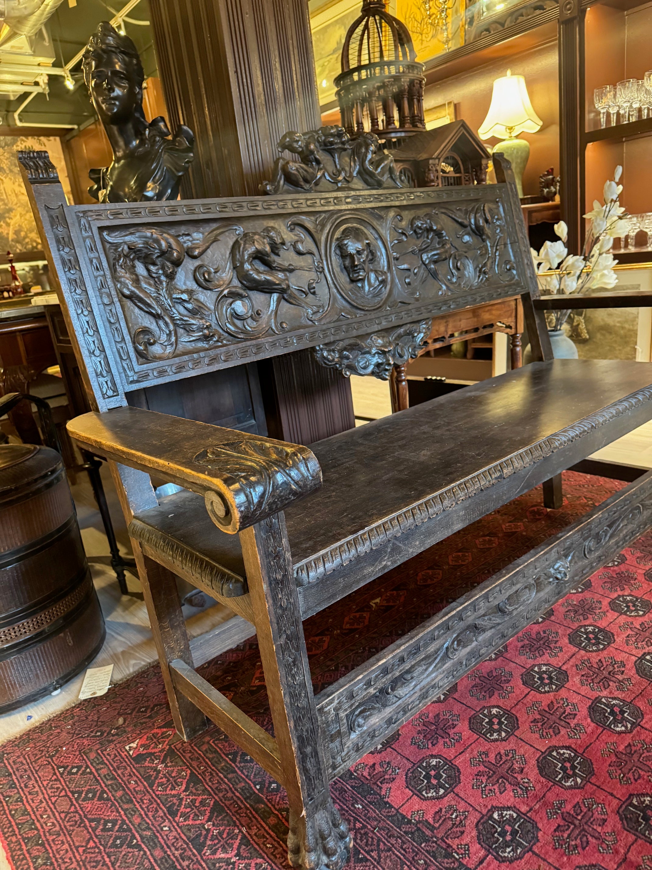 Antique Italian Renaissance Revival Carved Wood Bench with Figural Motifs & Paw Feet