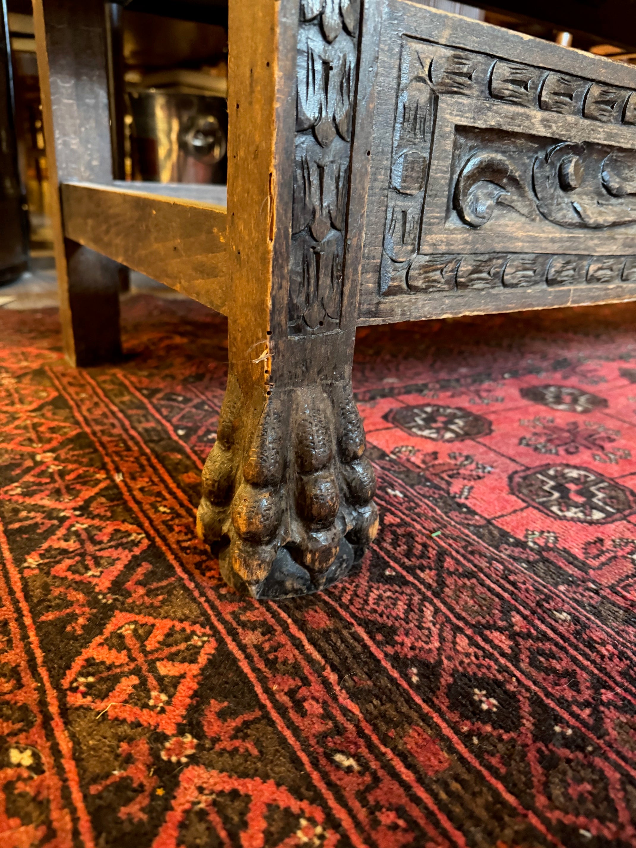 Antique Italian Renaissance Revival Carved Wood Bench with Figural Motifs & Paw Feet