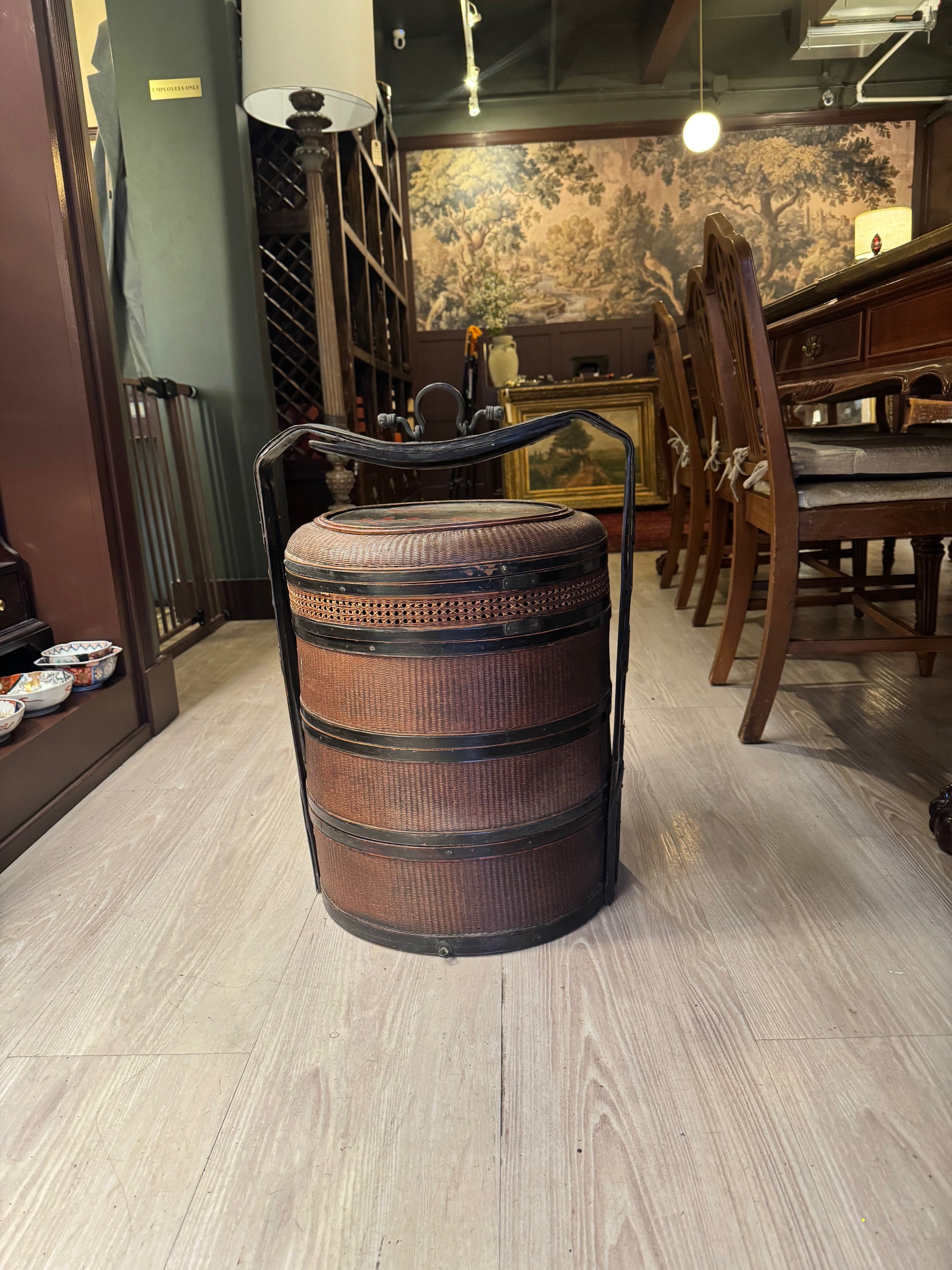 Pair of Antique Chinese Wedding Nesting Baskets in Wicker & Bamboo with Iron Handles