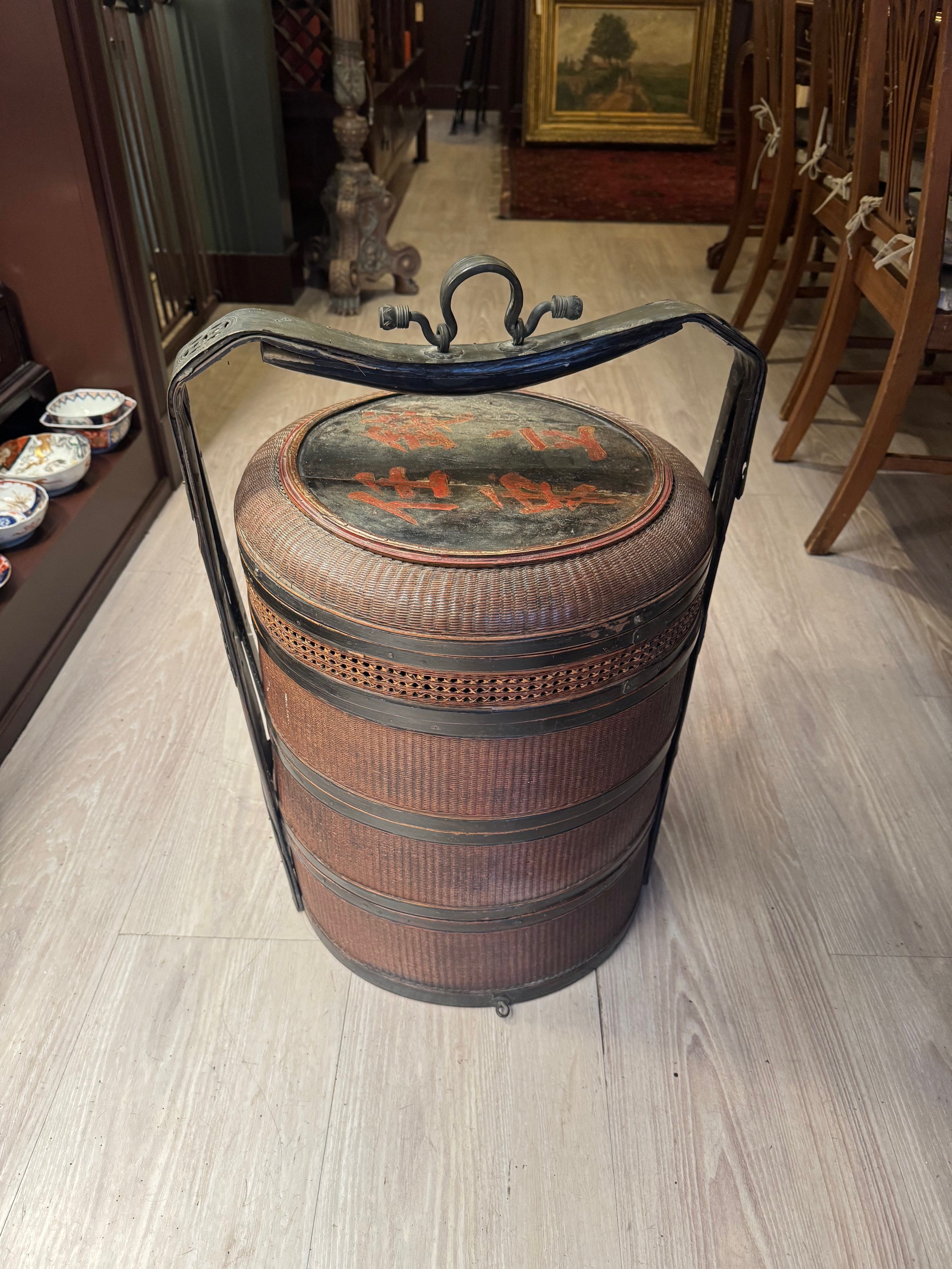 Pair of Antique Chinese Wedding Nesting Baskets in Wicker & Bamboo with Iron Handles