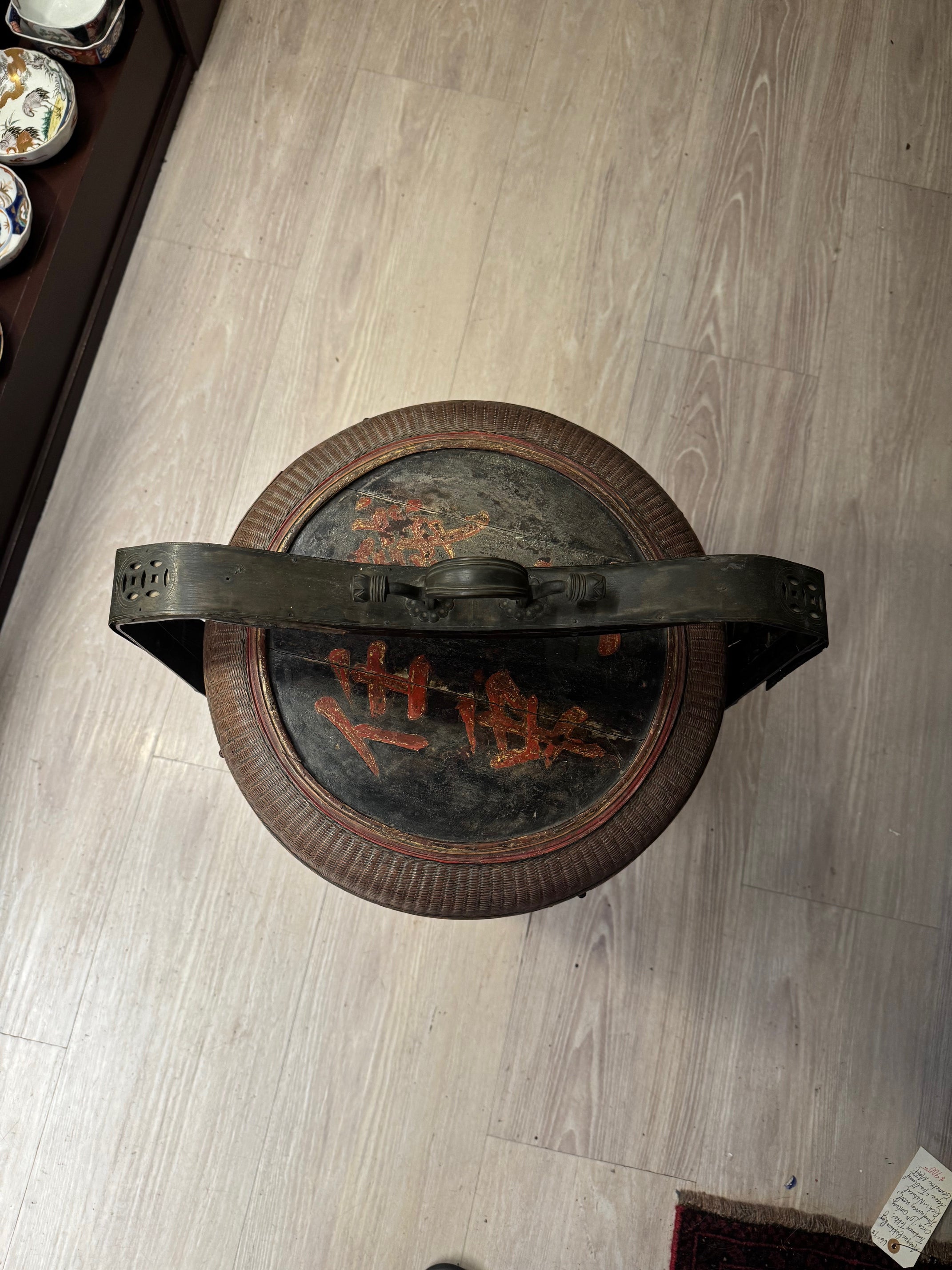 Pair of Antique Chinese Wedding Nesting Baskets in Wicker & Bamboo with Iron Handles