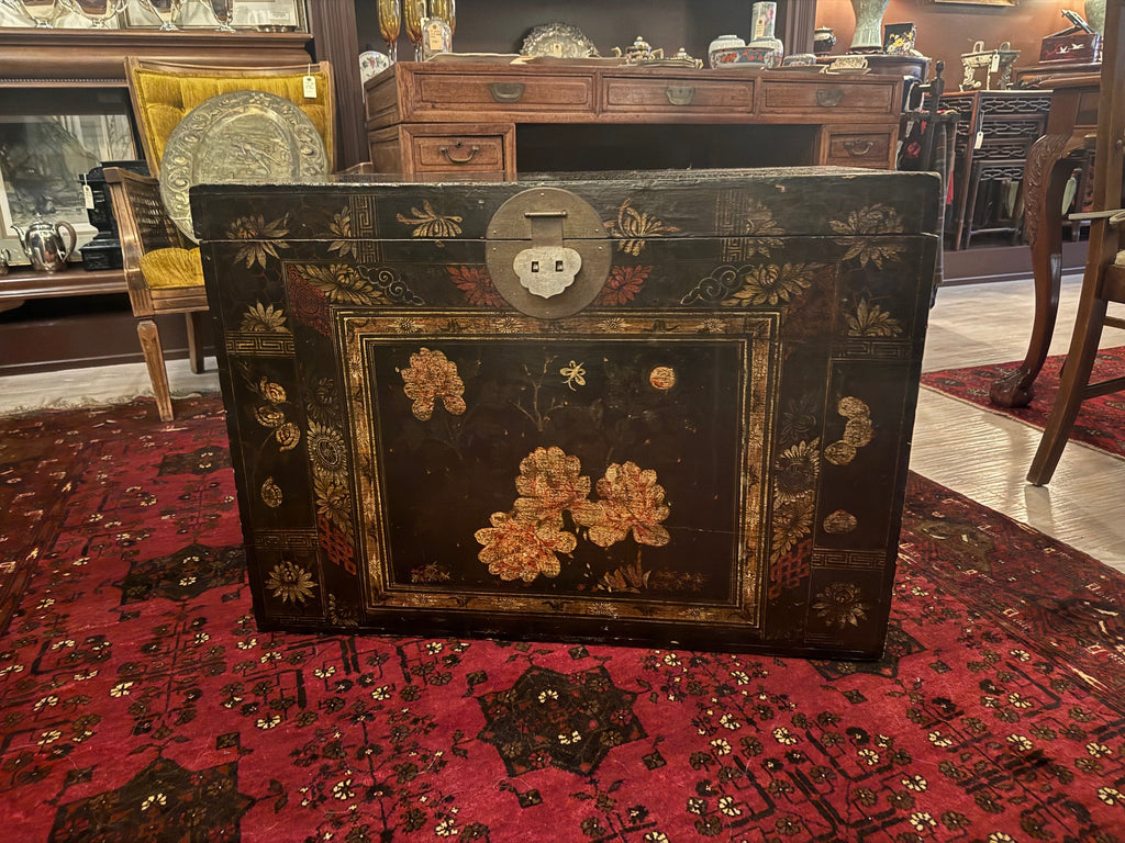 19th Century Chinese Black Lacquer Wedding Trunk with Hand Painted Peony Motifs [MM]