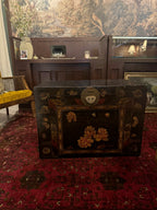 19th Century Chinese Black Lacquer Wedding Trunk with Hand Painted Peony Motifs [MM]