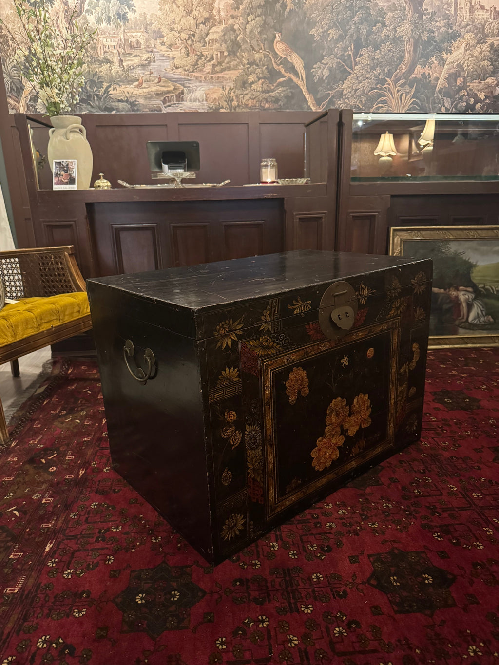 19th Century Chinese Black Lacquer Wedding Trunk with Hand Painted Peony Motifs [MM]