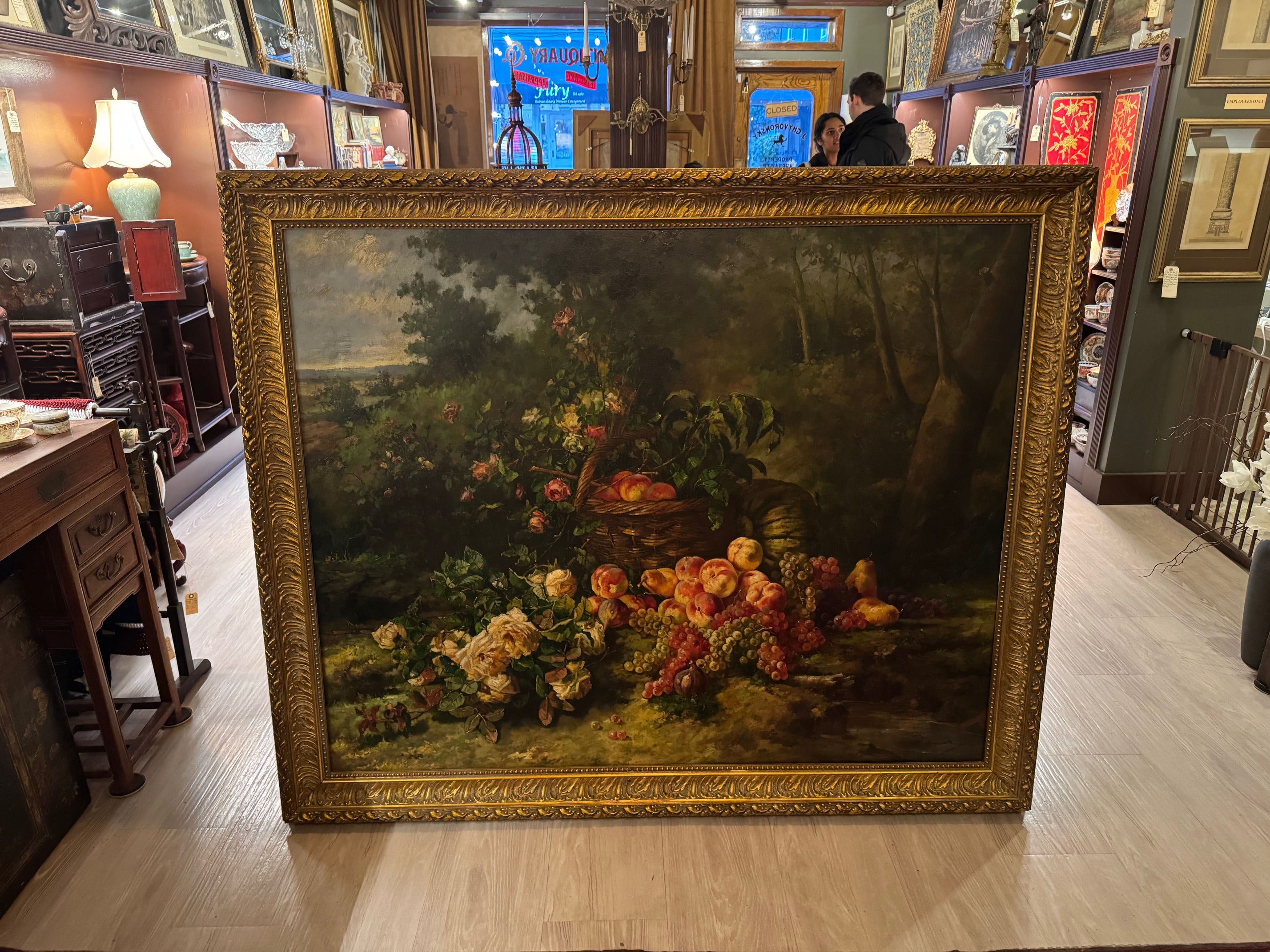 Monumental Dutch Still Life Oil Painting by W. Honner with Fruit & Roses in Gilt Frame
