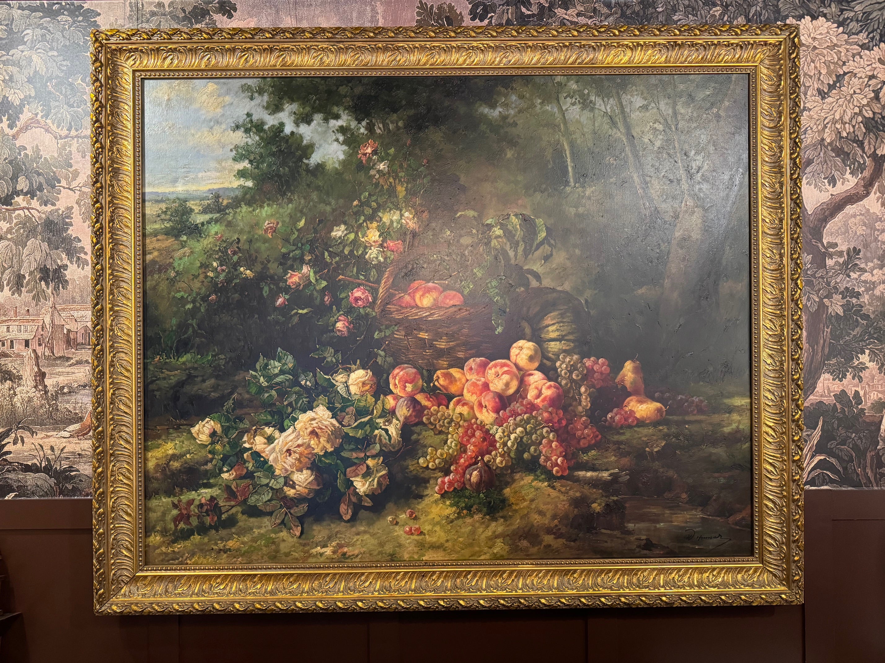 Monumental Dutch Still Life Oil Painting by W. Honner with Fruit & Roses in Gilt Frame