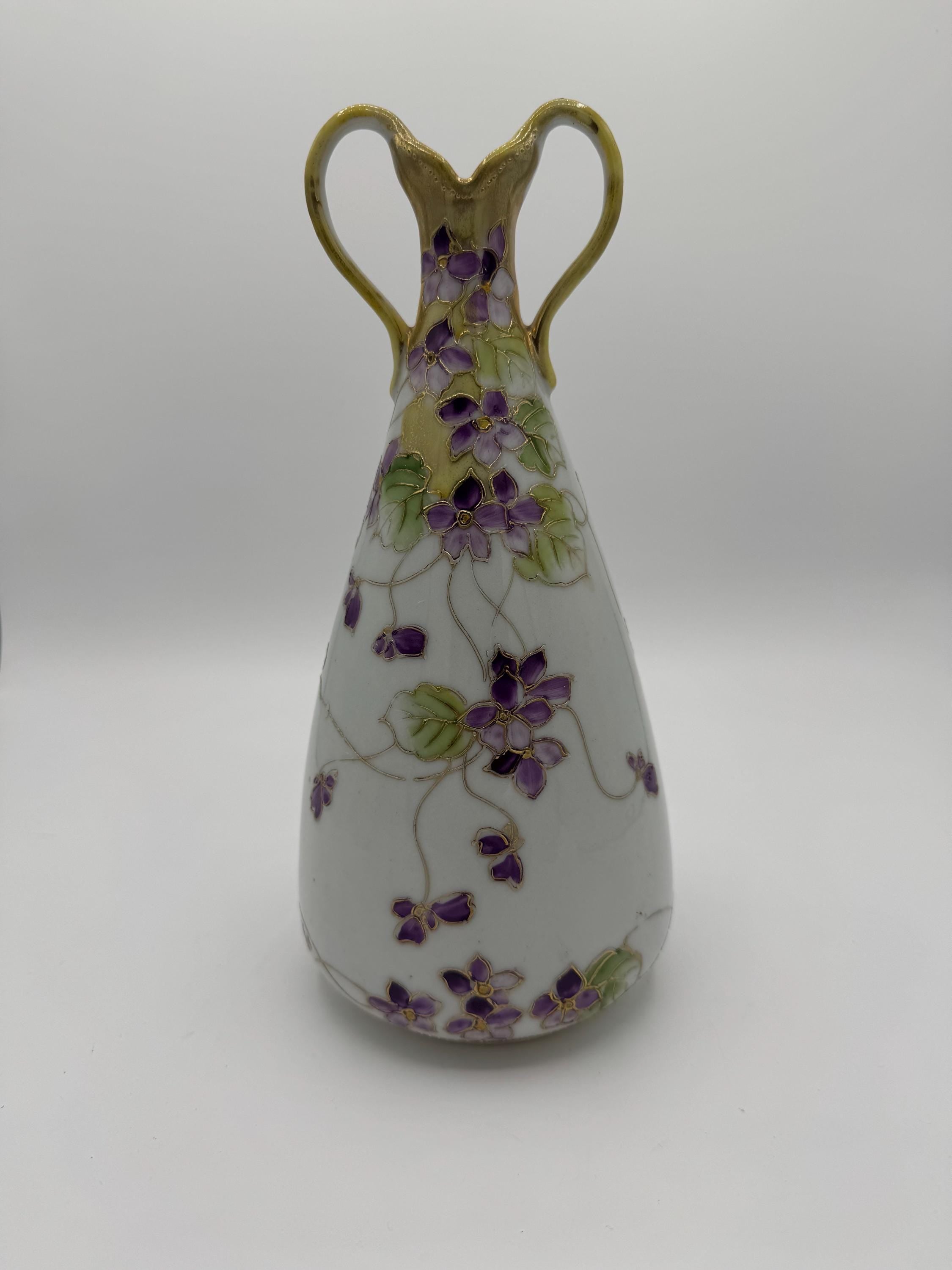 Antique Nagoya Nippon Porcelain Vase – Hand-Painted with Gilded Violets, 9.5” Tall