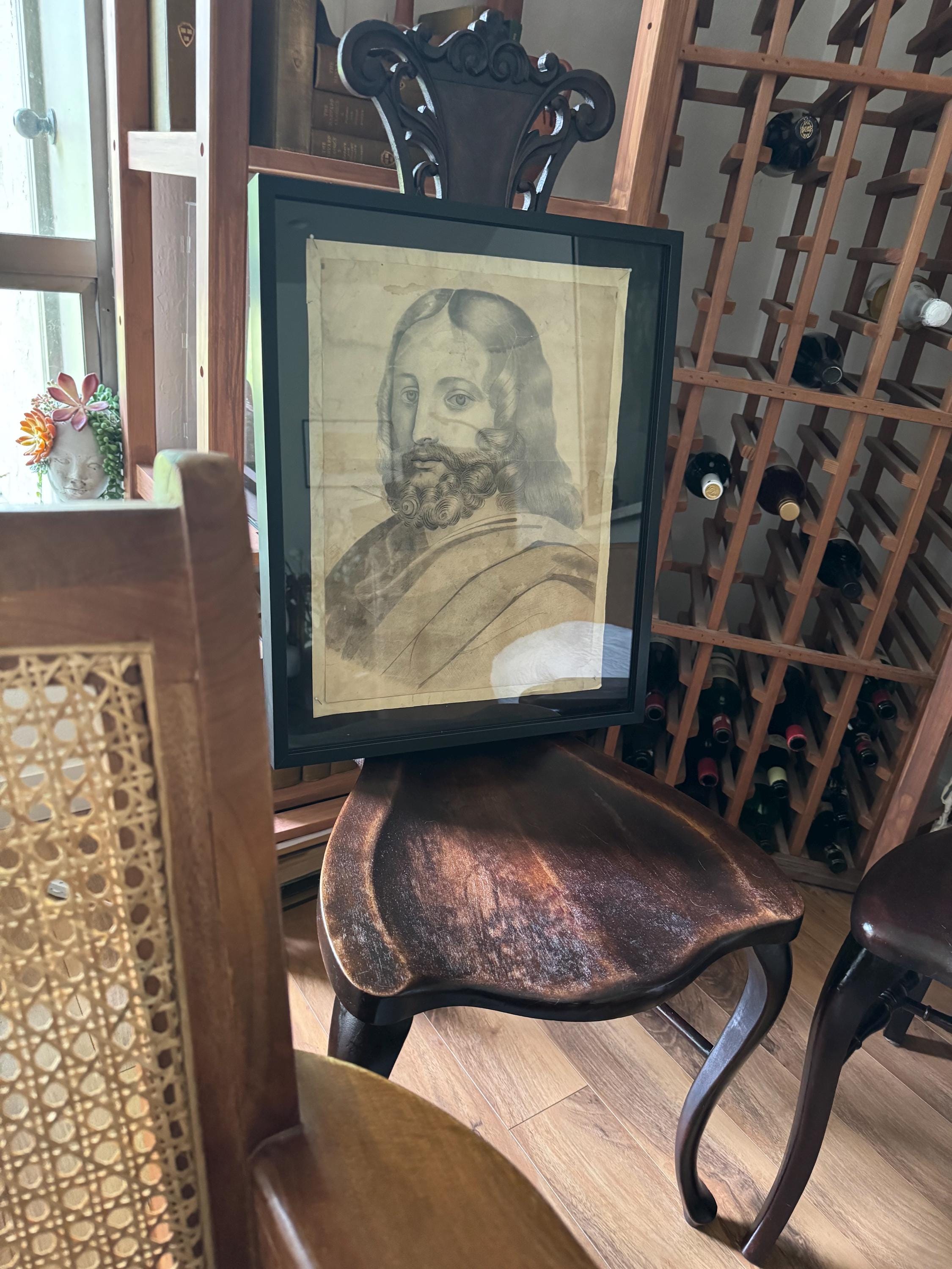 Antique Portrait of Christ – 1700s Ecclesiastical Drawing from Sainte Réparate Cathedral – Framed in 16x20 Shadowbox
