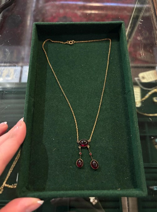 Vintage Garnet-Tone Drop Necklace – Art Deco Style Resin Cabochon Pendant
