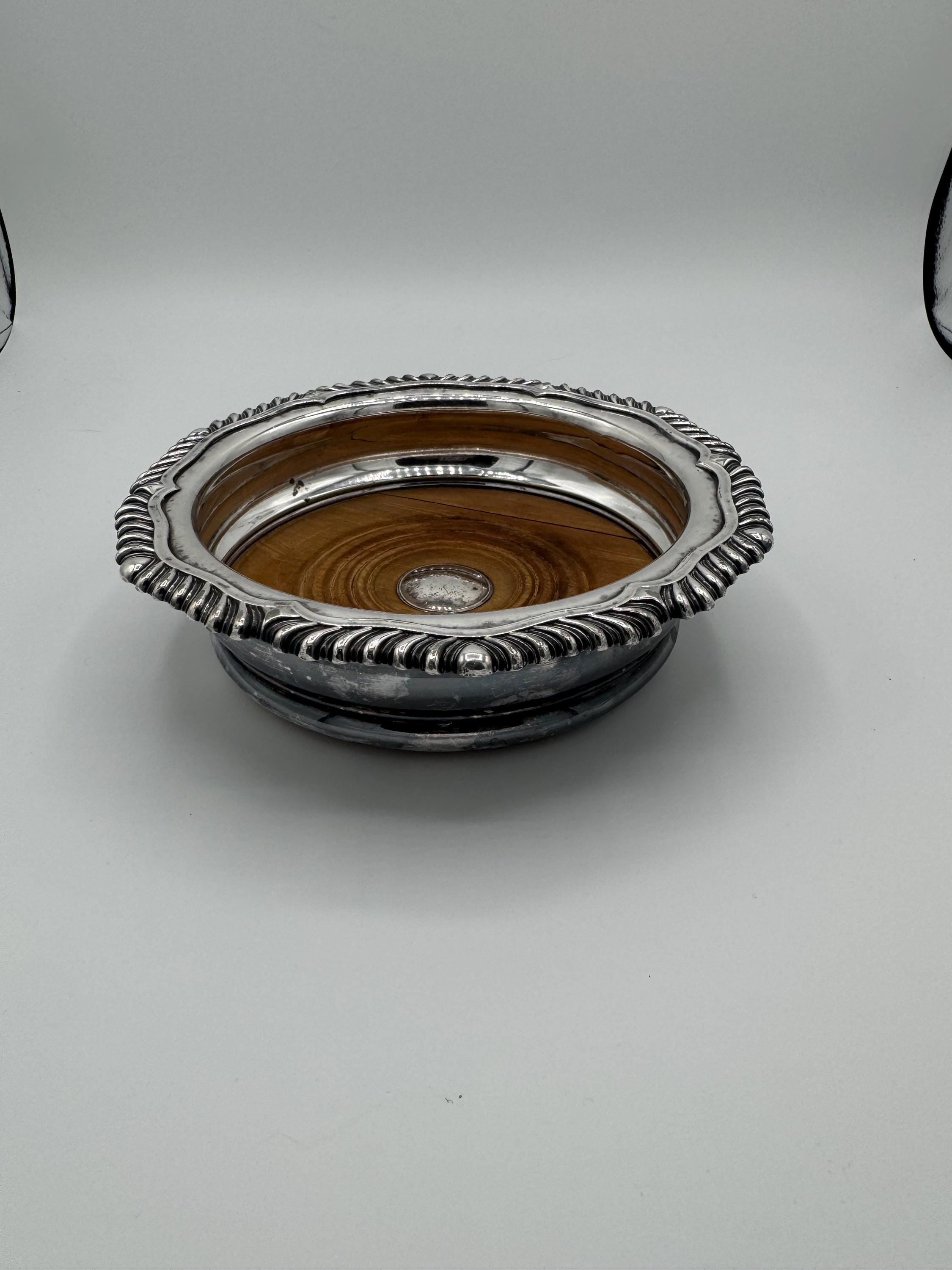 Antique Silverplate Wine Bottle Coaster – Wood Base, Ribbed Rim, English Style [SS]