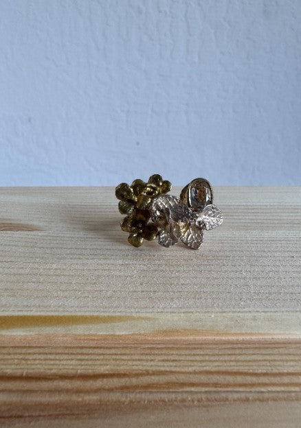 One of a Kind Botanical Cast Ring, Sterling Silver with Gold Vermeil, Aquamarine & Orange Sapphire, Size 9 [CG]